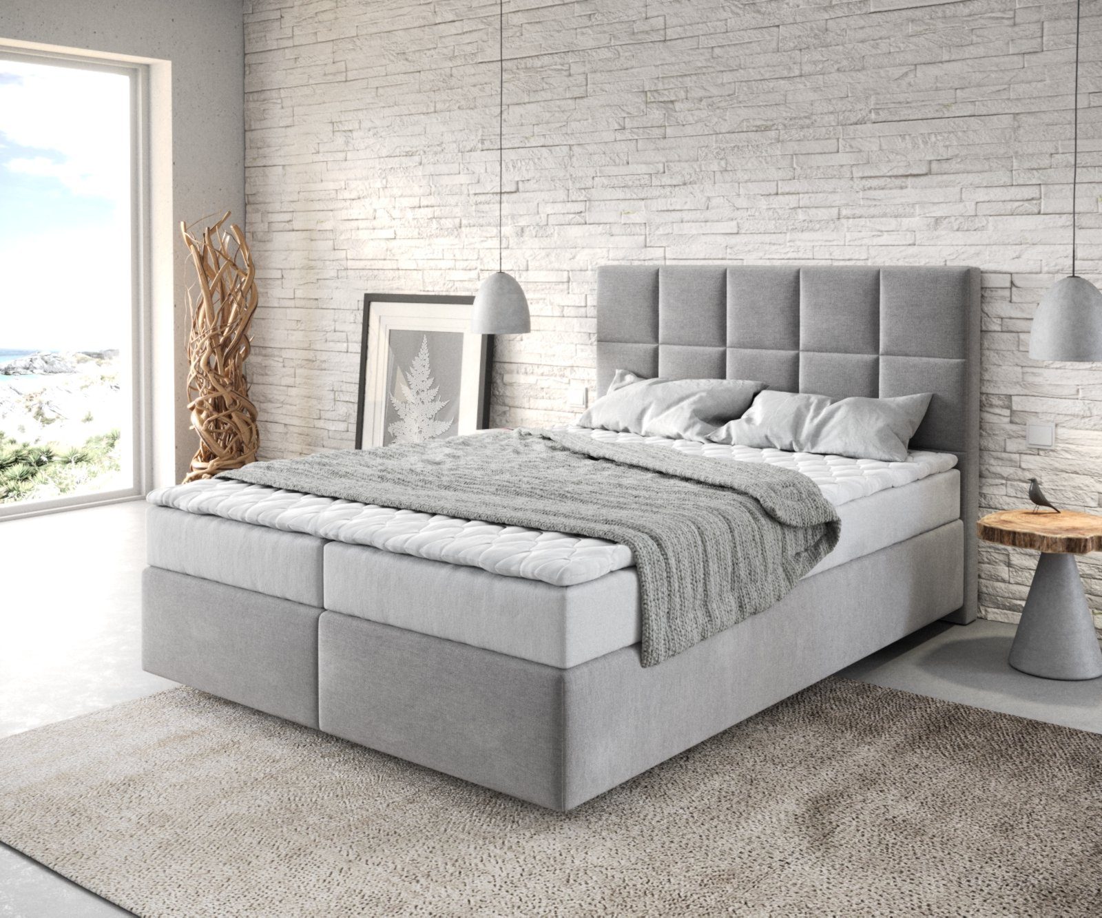 DELIFE Boxspringbett Dream-Fine, Mikrofaser Grau 140x200 cm mit Matratze und Topper