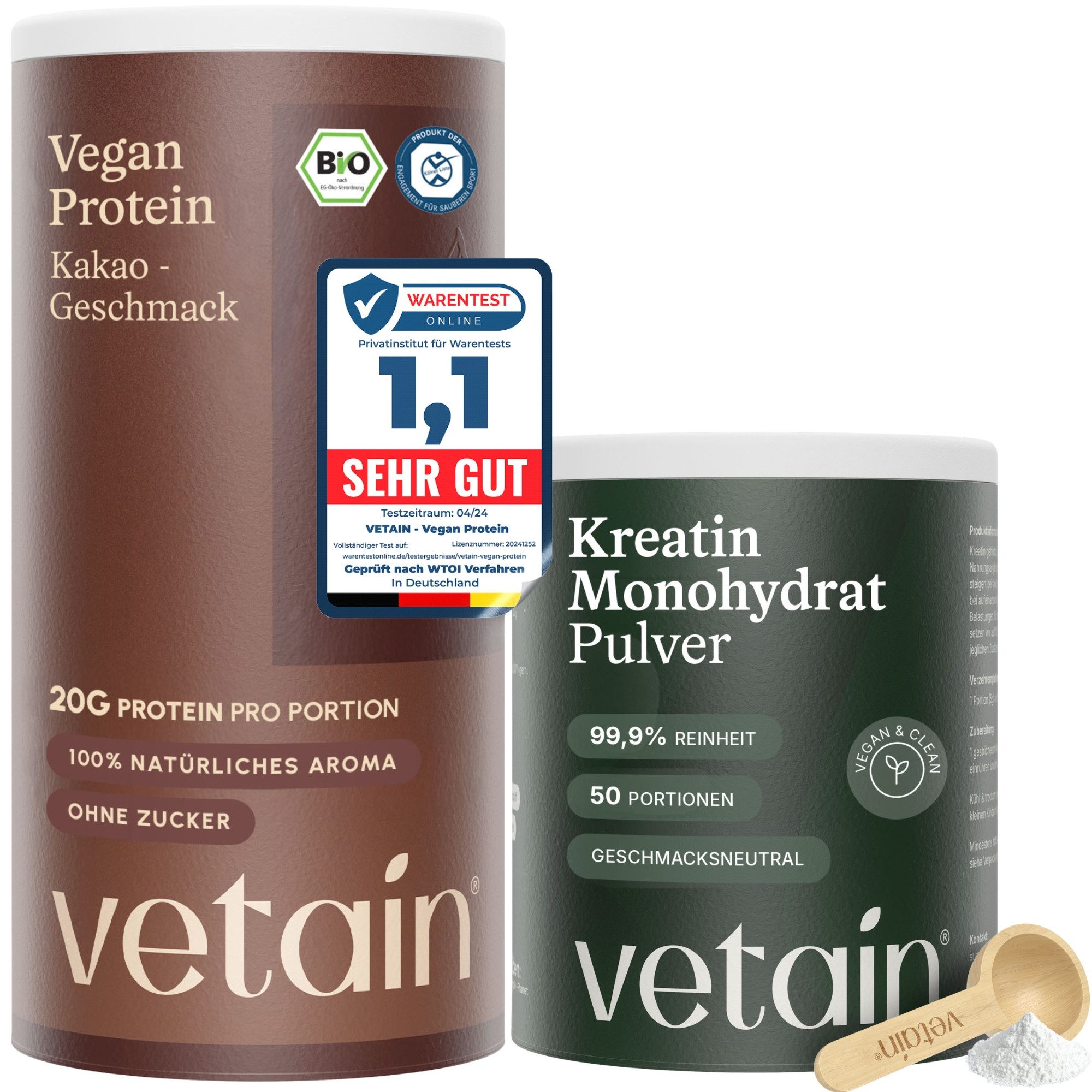 VETAIN Vegan Protein Pulver + Kreatin Monohydrat Pulver, 100% Bio, Vegan, Ohne künstliche Süßungsmittel, Fermentiert