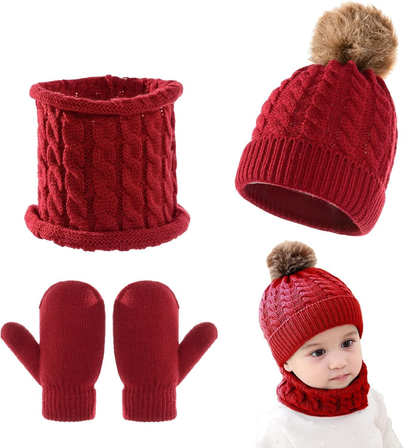 Coonoor Mütze & Schal Kinder-Wintermütze-Schal-Handschuh-Set, Winter-Wärme Mütze-Schal-Handschuh-Set