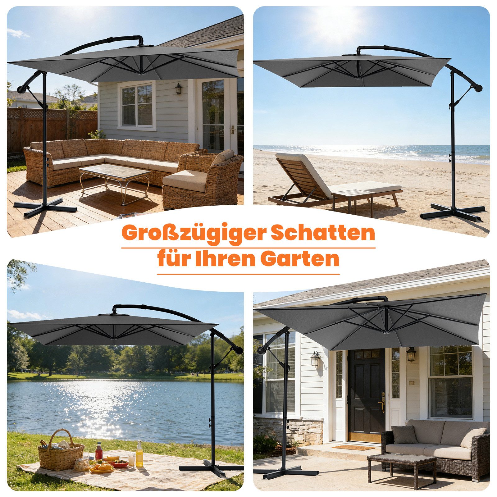 Huracan Sonnenschirm LED Solar Ø 250/300/350cm Ampelschirm mit Kurbel, Ständer, Gartenschirm Balkonschirm UV-Schutz Aluminium wasserdicht 360°neigbar