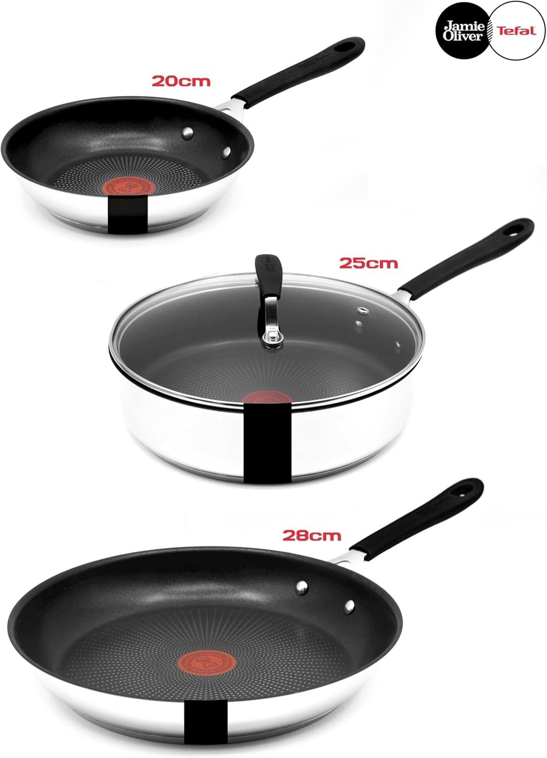 Tefal Pfannen-Set Jamie Oliver E76 Pfannenset 20,28cm + Schmorpfanne mit Deckel 25cm, Edelstahl 18/10 (Pfanne, Bratpfannen Set, Pfannenset, Schmorpfanne, Pfannen + 1 Wender & Schoner Antihaftbeschichtet Pfannenset mit Deckel), Antihaftbeschichtet