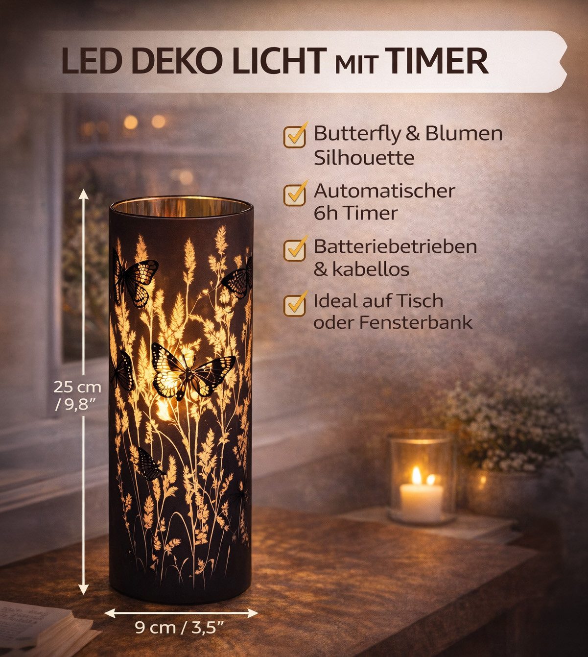 formano LED Dekolicht LED Deko Licht Zylinder Schmetterling mit Timer 6h/18h Ambientelicht, LED fest integriert – Bild 3 von 5