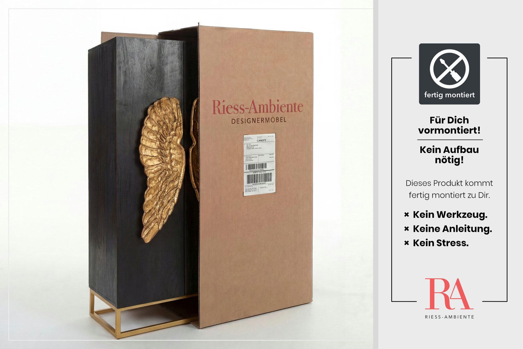 riess-ambiente Highboard ANGEL 140cm schwarz / gold, Massivholz · Anrichte · Kommode · mit goldenen Flügeln · Mangoholz – Bild 5 von 5