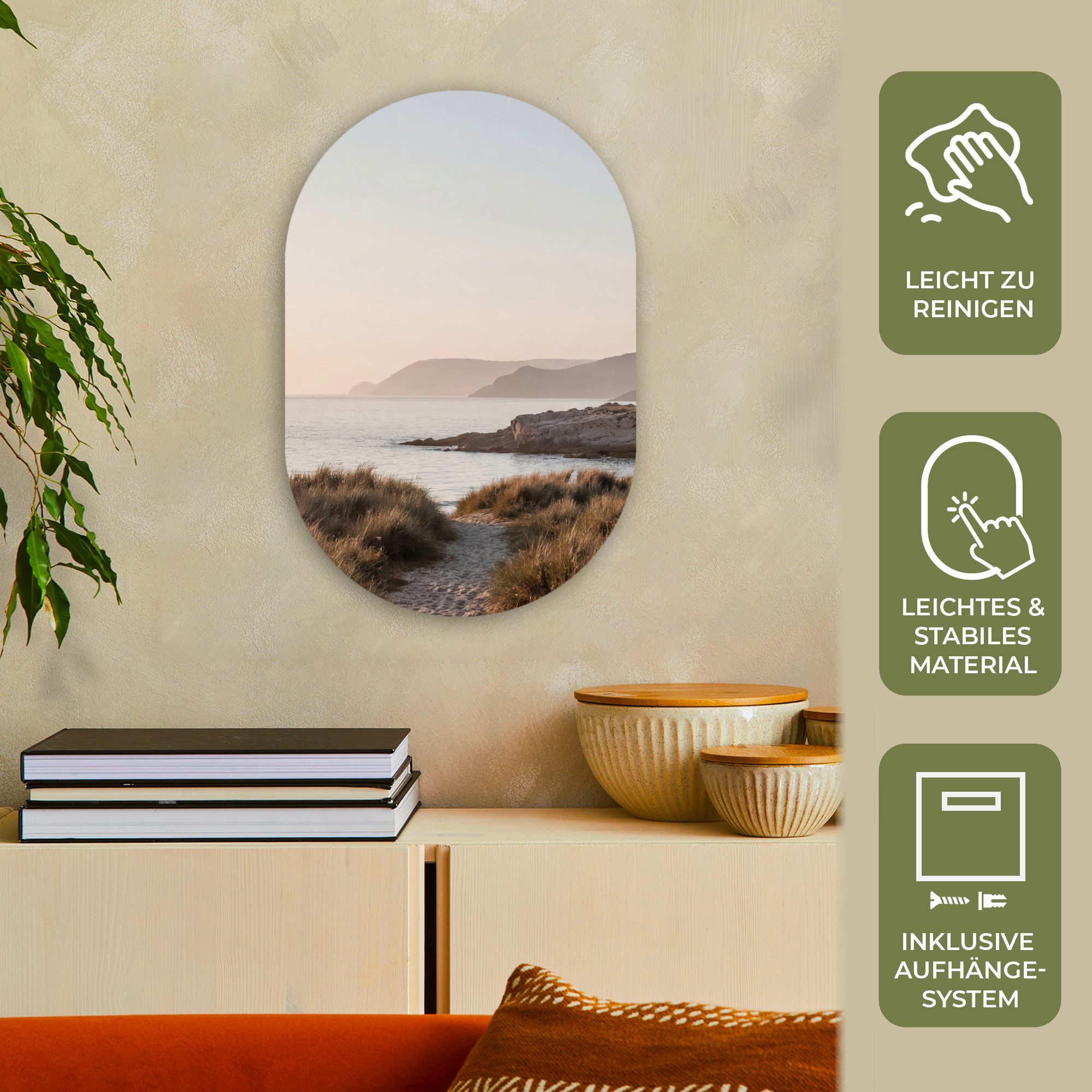 MuchoWow Gemälde Landschaft - Küste - Dünen, Fotodruck (1 St), Wandbild Oval, Wohnzimmer oder Schlafzimmer Wanddekoration, 40x60 cm