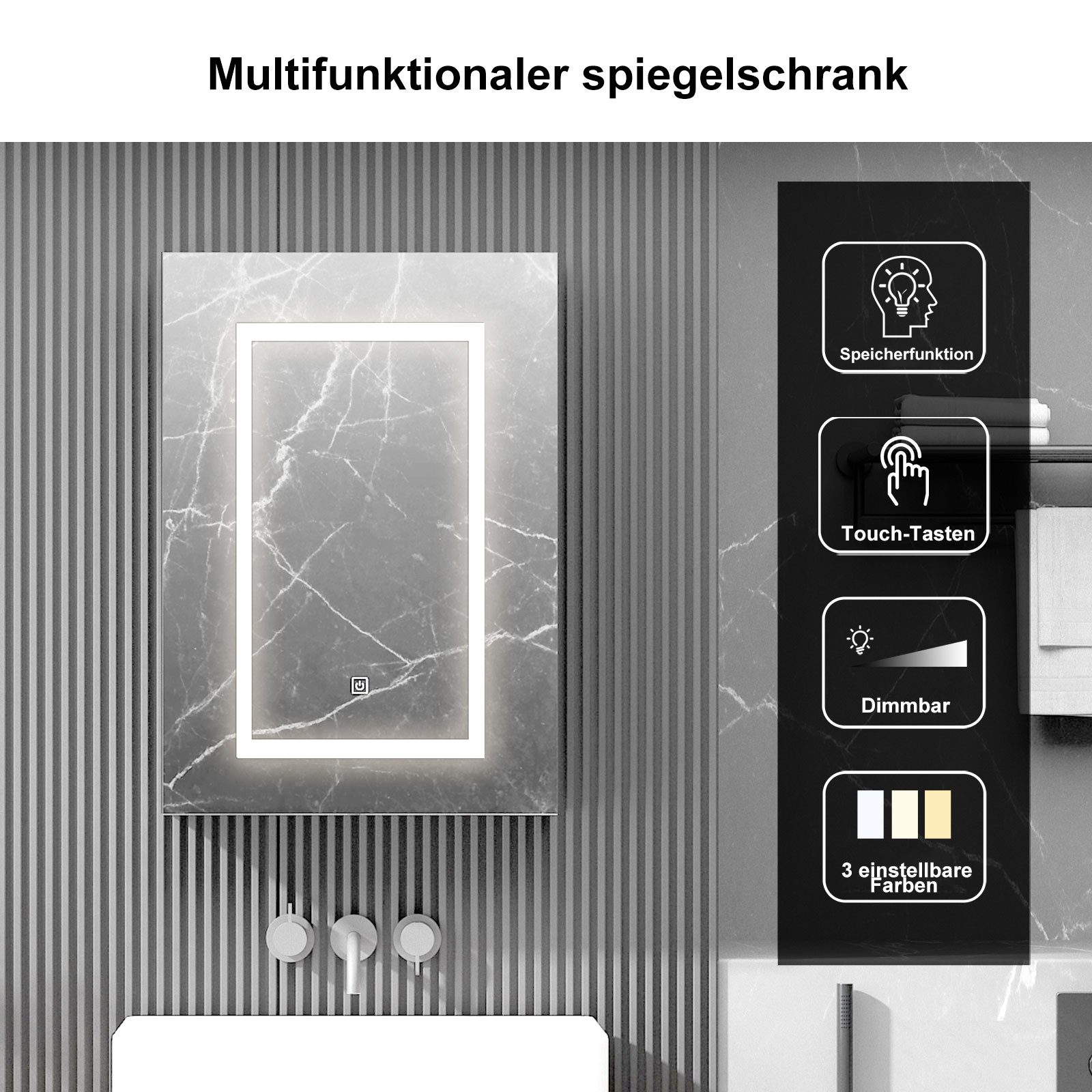 radelldar Spiegelschrank LED Badspiegelschrank mit Stauraum, Hängender Medizinschrank (1-St) mit 3 Lichtfarben & Speicherfunktion, 60 x 76 cm – Bild 4 von 5
