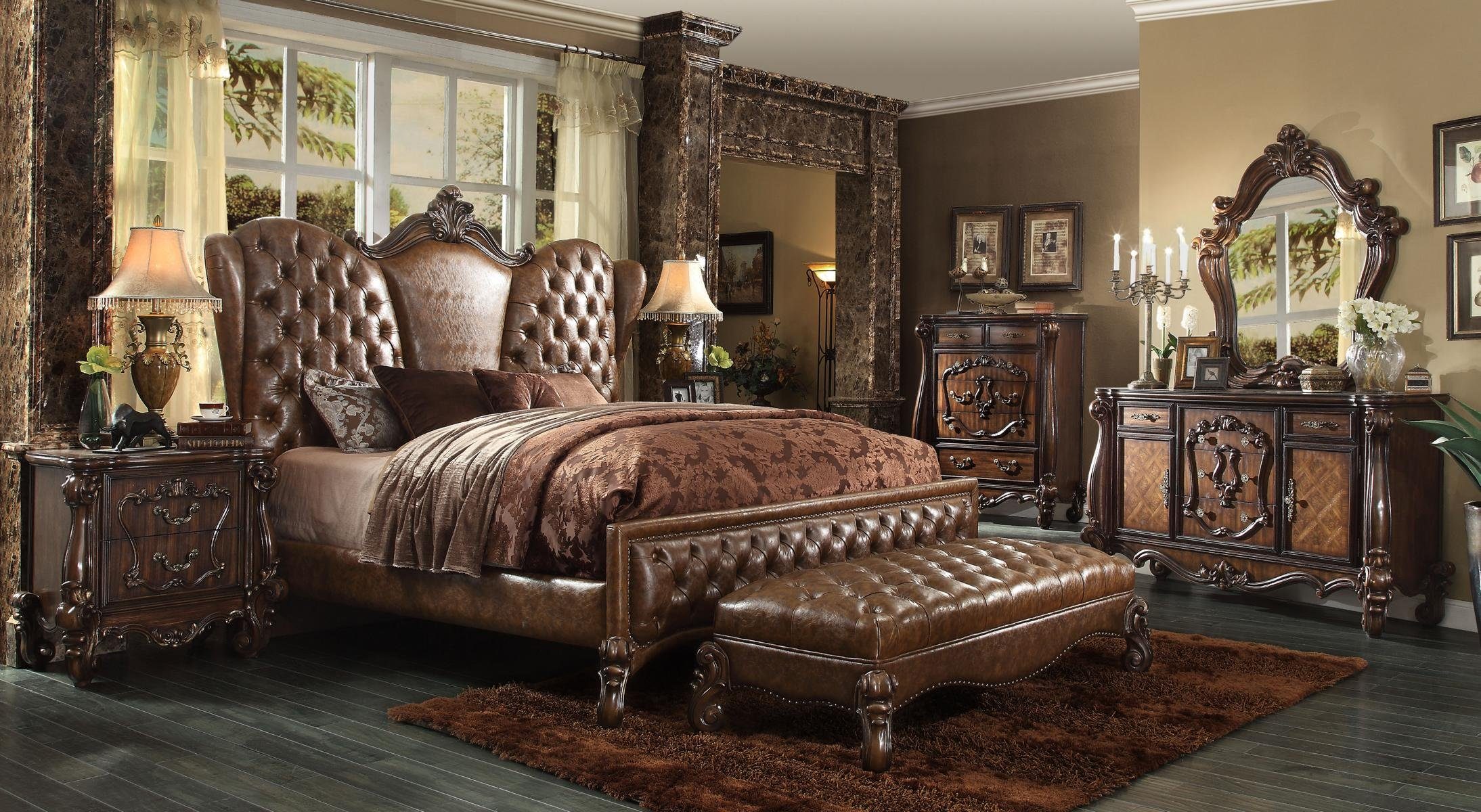 JVmoebel Polsterbett Chesterfield Leder Schlafsofa in Dunkelbraun mit Barockstil, Made in Europa