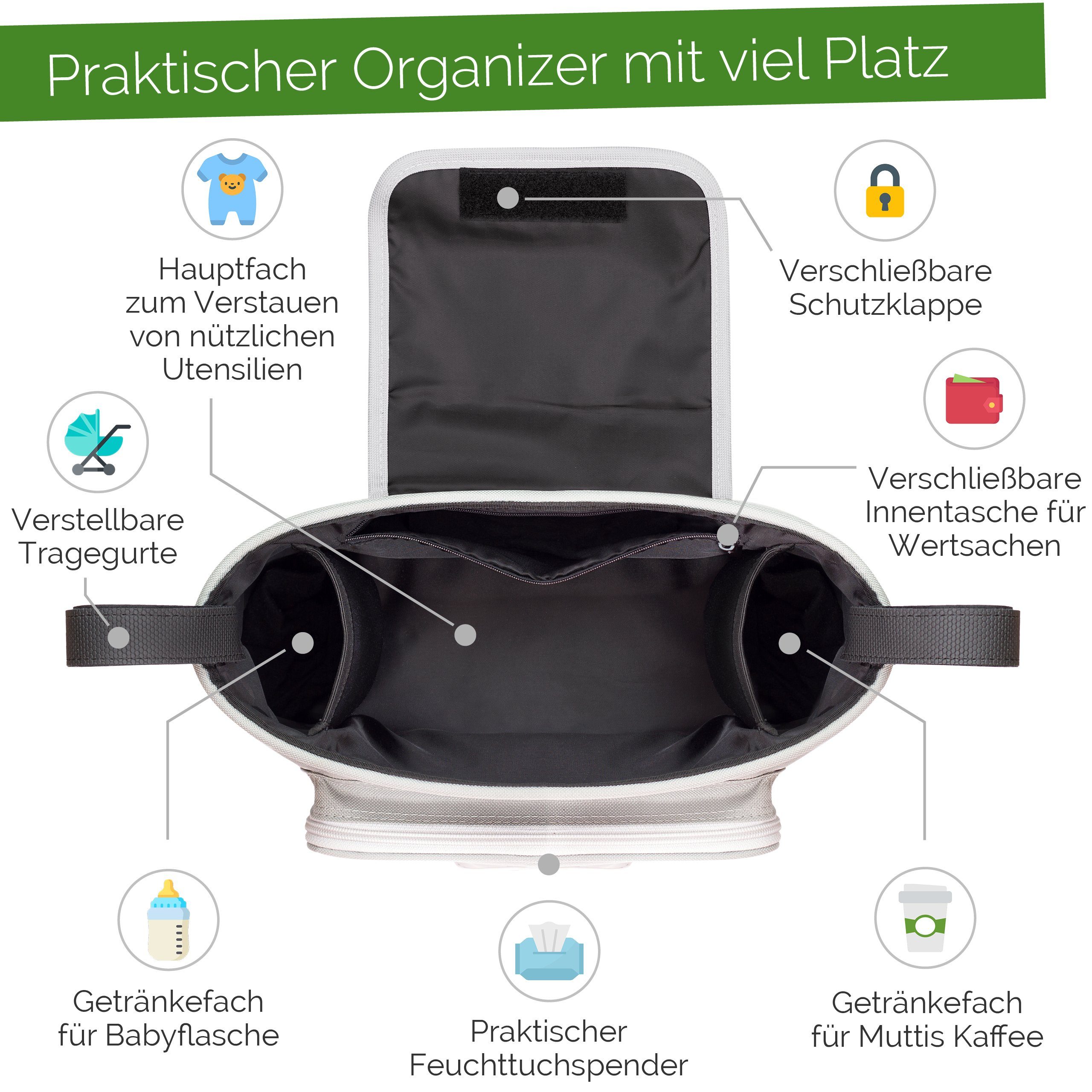 GLÜCKSWOLKE Kinderwagen-Tasche in Grau oder Schwarz I 6 Motive I Kinderwagentasche & Buggy Organizer, Kinderwagen Tasche mit Getränkehalter und Feuchttücherfach