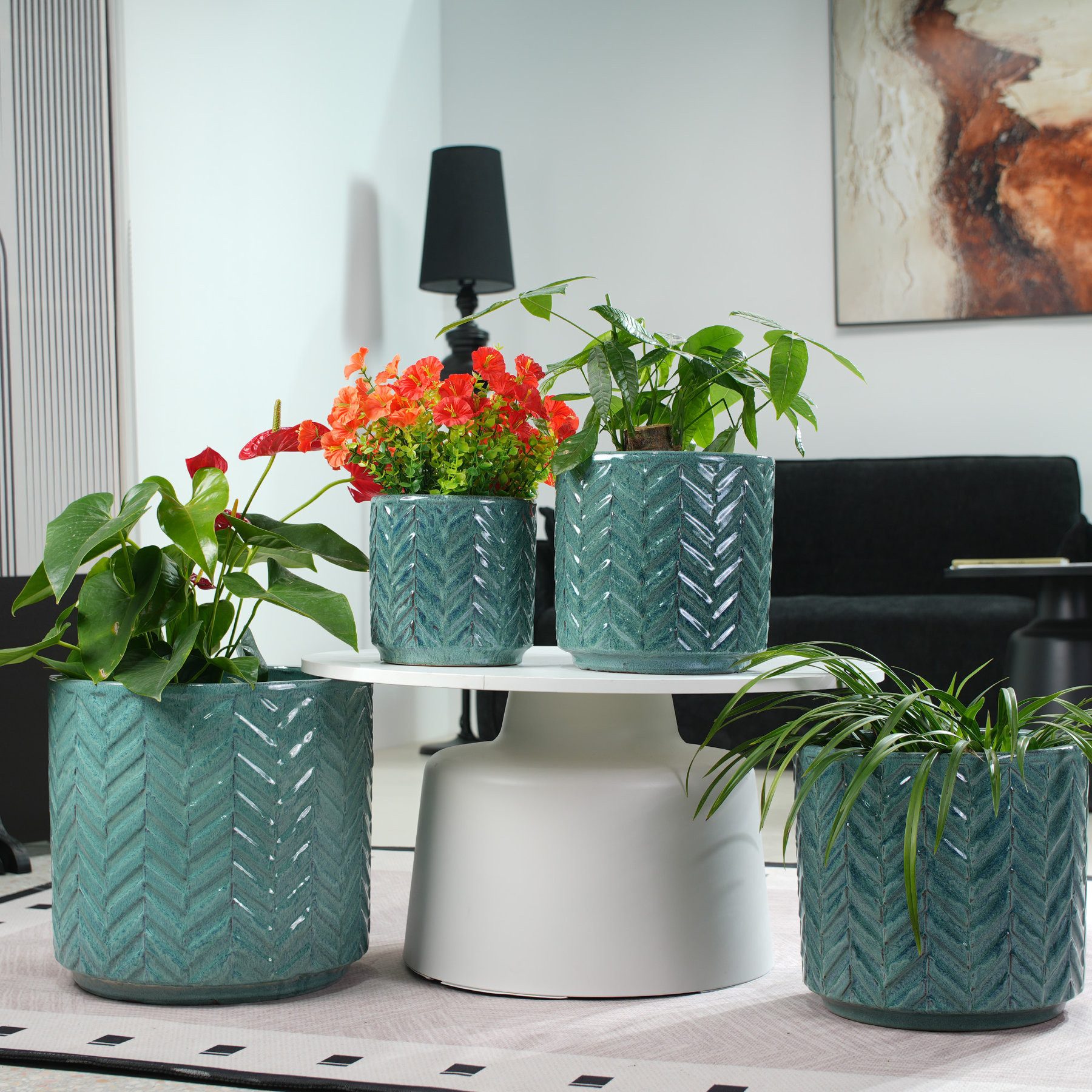 Odikalo Blumentopf Handgefertigtes Keramik Pflanzkübel Ø38/31,5/24,5/20cm Ablauflöchern (mit glänzender Hochglanzglasur & rundum Fischgrät-Relief frostsicher für Innen Balkon & Garten)