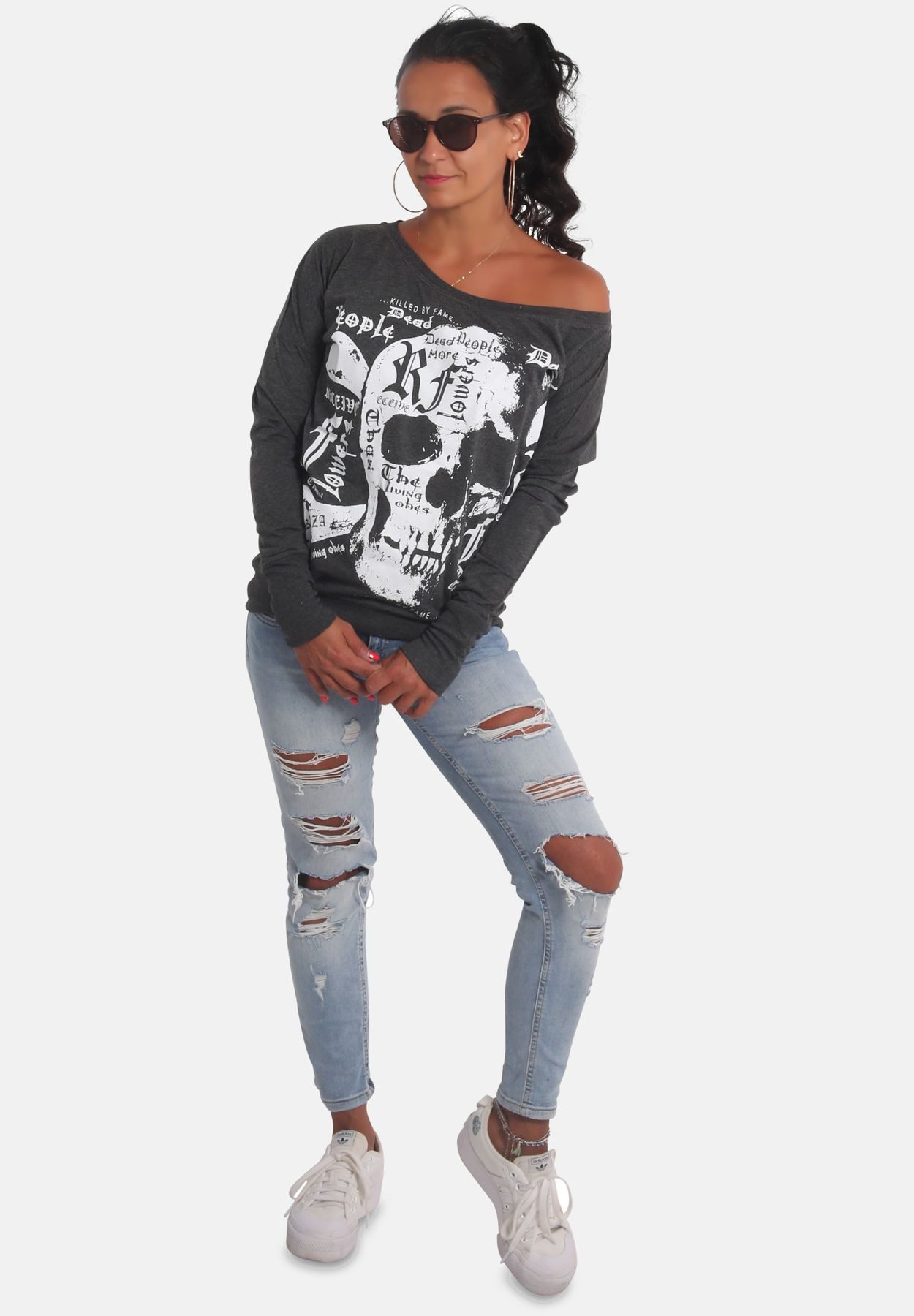 YAKUZA Langarmshirt Skull Script im Boyfriend Look