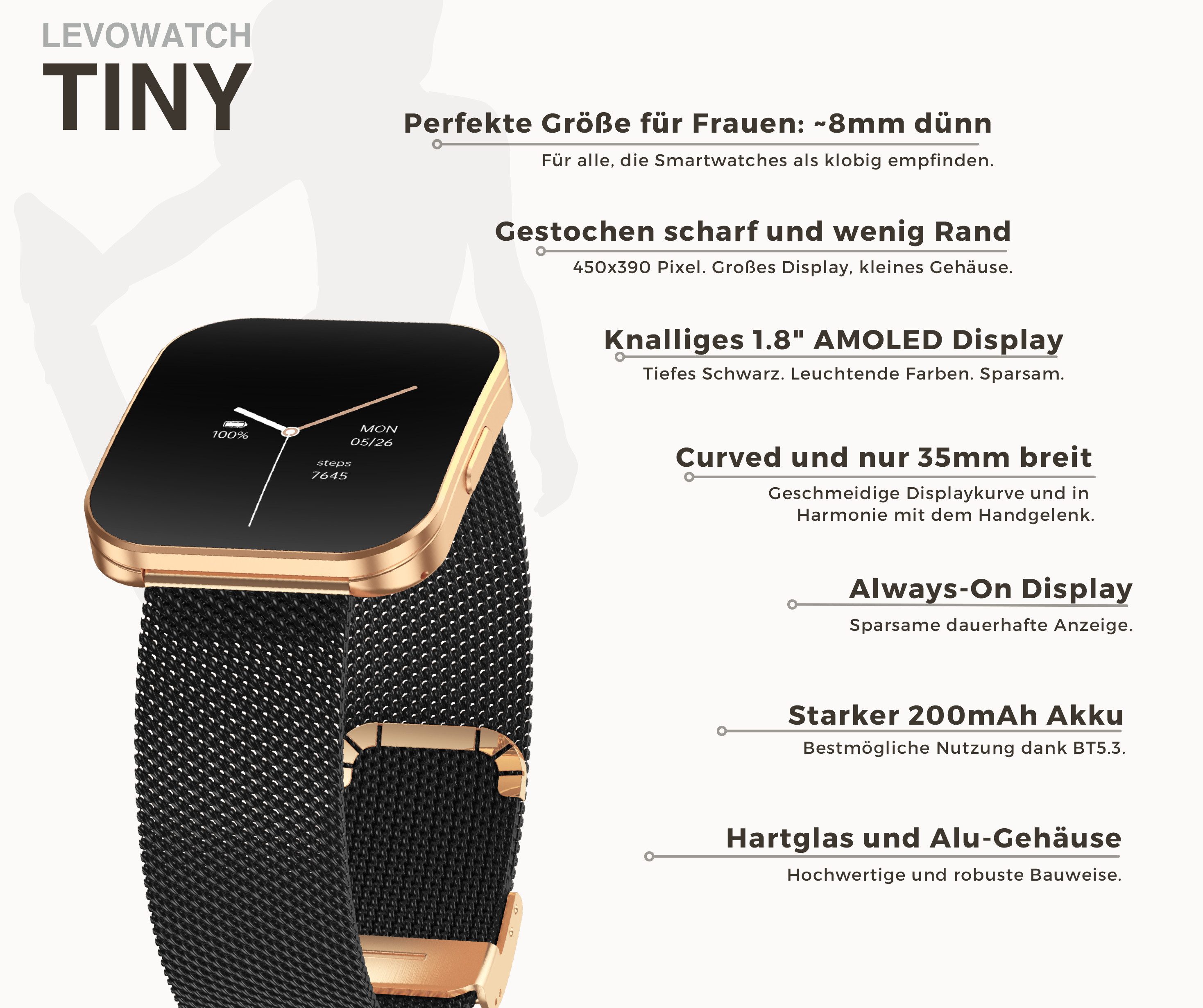 Levowatch TINY Damen Smartwatch, Sprachsteuerung, AMOLED Always-On, dünne 8mm Smartwatch (4.7 cm/1.8 Zoll, Android und iOS) Fitness Tracker Uhr, 3 Armbänder, Menstruationszyklus, wasserdicht, 8mm Metallgehäuse, 4-teilig, Damengröße, Telefon Funktion, Anrufe, Schrittzähler, Puls, Blutdruck, Stress- & Schlafüberwachung
