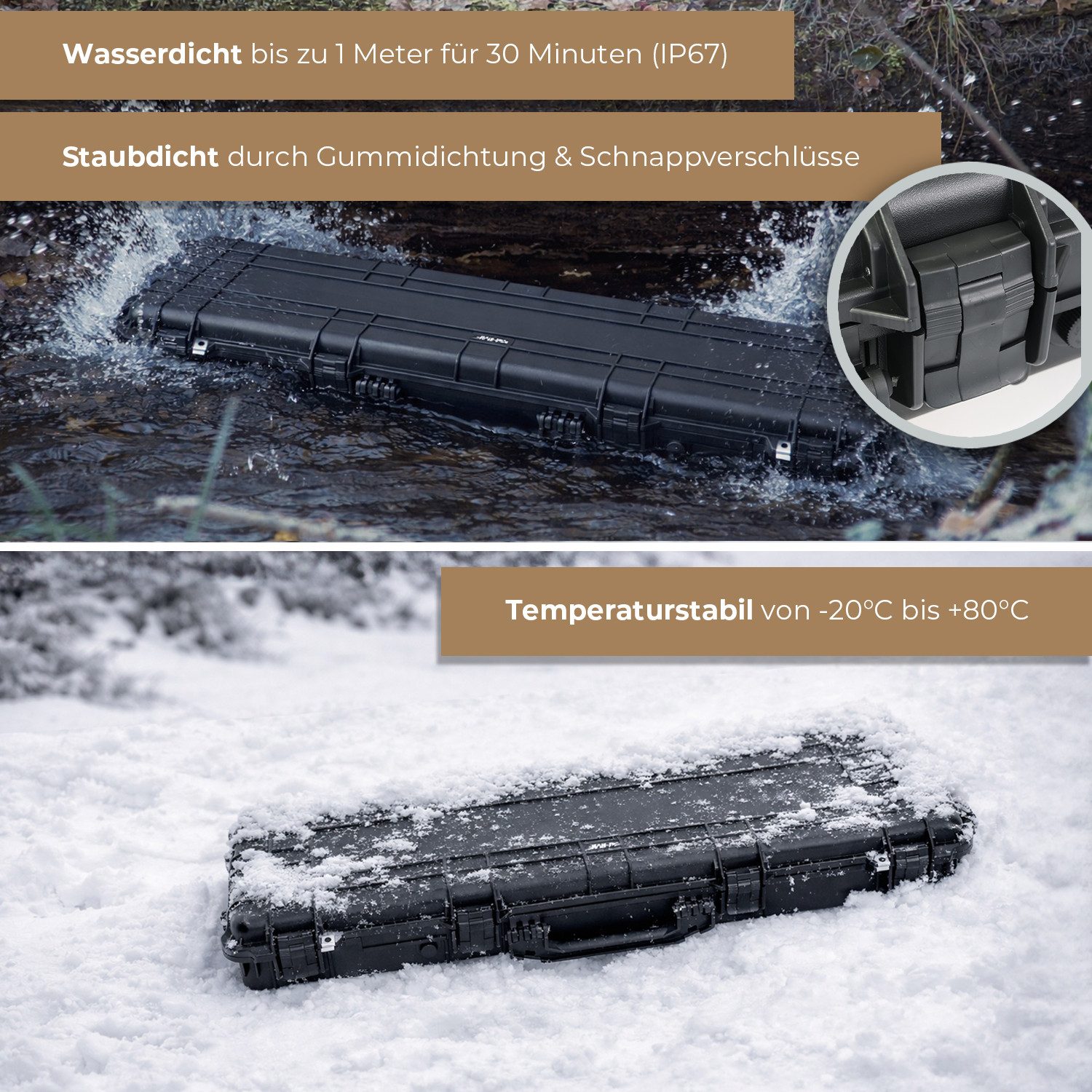 HMF Transportbehälter Outdoor Transportkoffer ODK200, wasserdichter, IP67 Outdoorkoffer mit Rasterschaumstoff, 113 × 41 × 15,5 cm, Schwarz