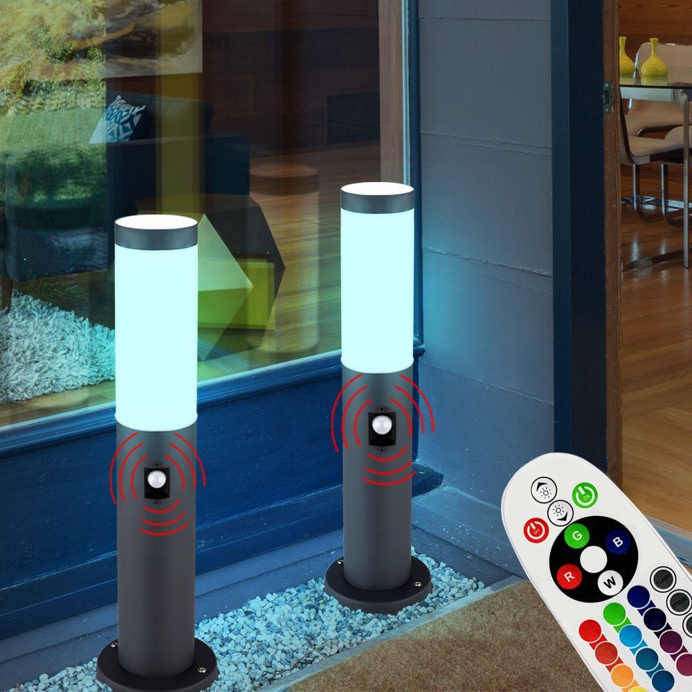 etc-shop LED Außen-Stehlampe, Leuchtmittel Steh Leuchte Edelstahl Farbwechsel, Sockel Balkon anthrazit SENSOR Warmweiß, Lampe inklusive