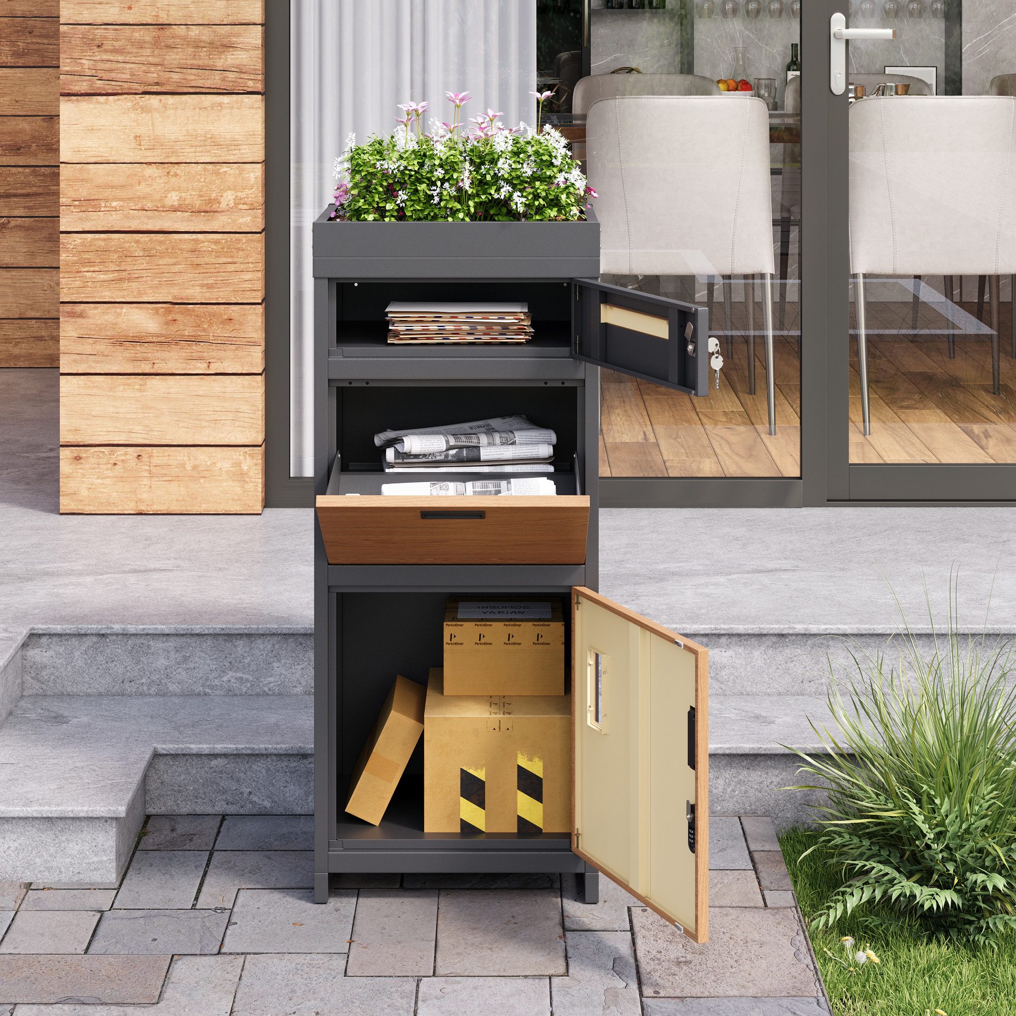 HAUSS SPOLE Paketbriefkasten mit Zahlenschloss,Briefkasten mit Blumenbeet,Abschließbar, Grau (Paketbox mit Praktische Fächeraufteilung, Integriertes Design mit Blumenkästen und Briefkasten), stabile Standfuß und die robuste Gesamtkonstruktion