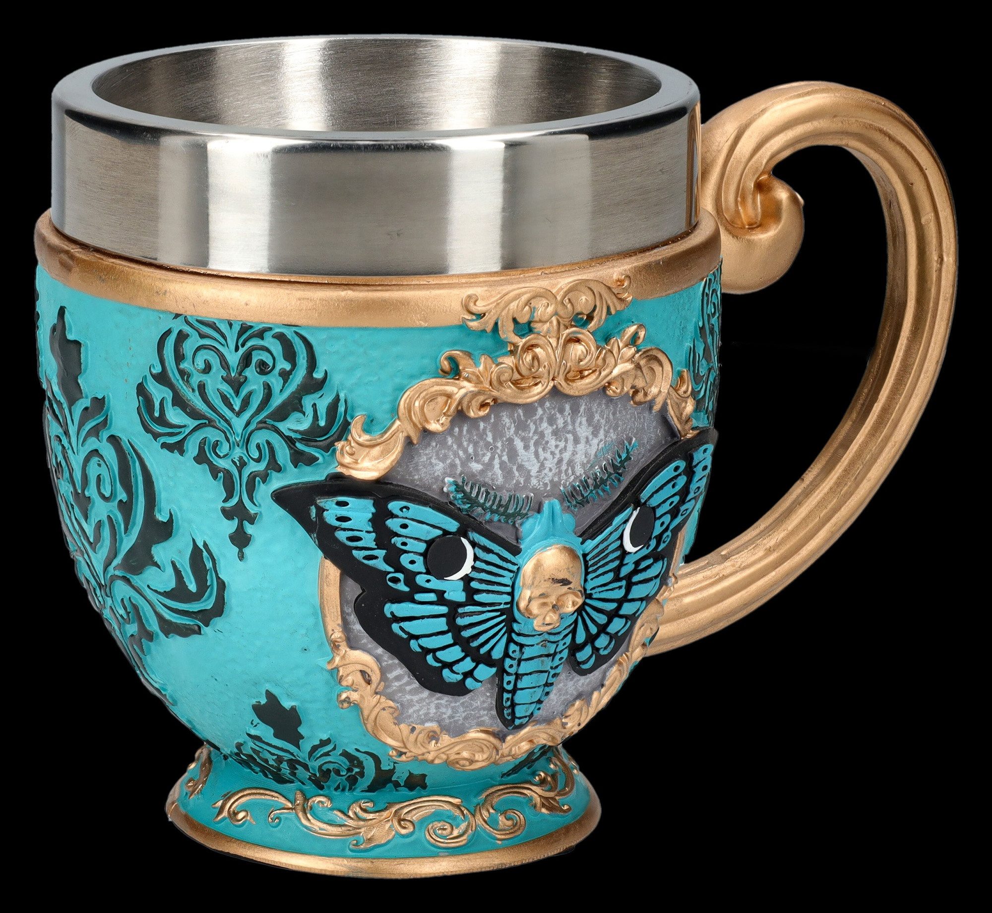 Figuren Shop GmbH Tasse Teetasse - Mystische Motte - Tierfigur Falter Kaffeetasse Dekoration, Kunststein (Polyresin), Edelstahl