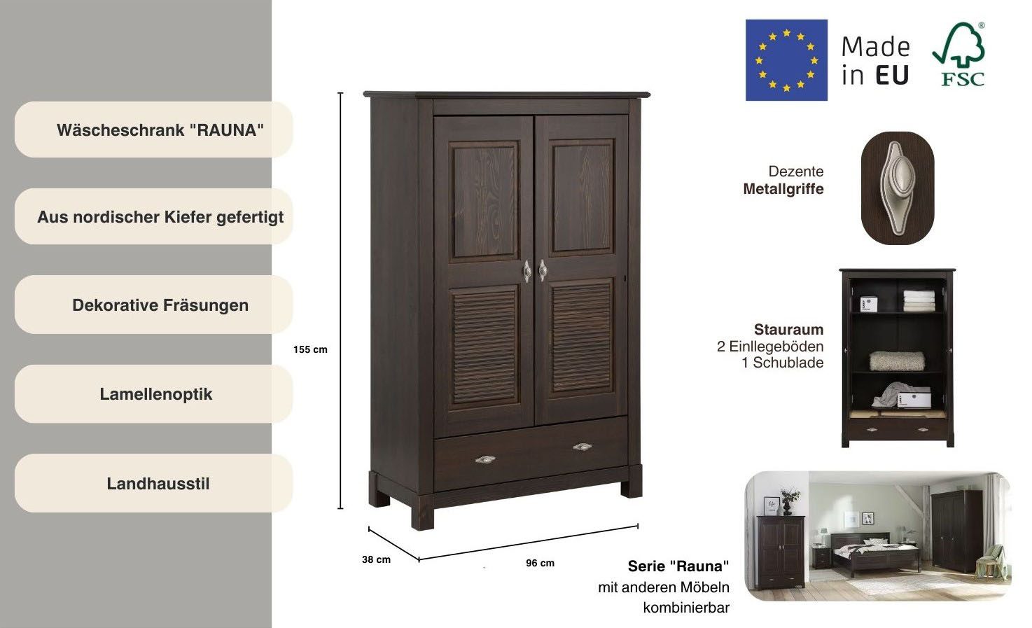 OTTO home Wäscheschrank Rauna (B/H/T ca. 96/155/38 cm) aus massiver Kiefer, FSC®, 2-türig, 96cm breit