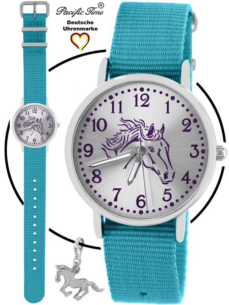 Pacific Time Quarzuhr Set Kinder Armbanduhr Pferd violett Wechselarmband und Kette, Mix und Match Design - Gratis Versand hellblau