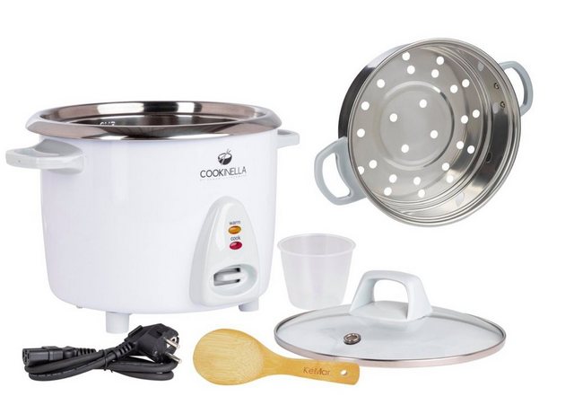 KeMar Kitchenware Reiskocher KRC-300 Cookinella, 700 W, Innentopf aus Edelstahl, Glasdeckel, Bambuslöffel