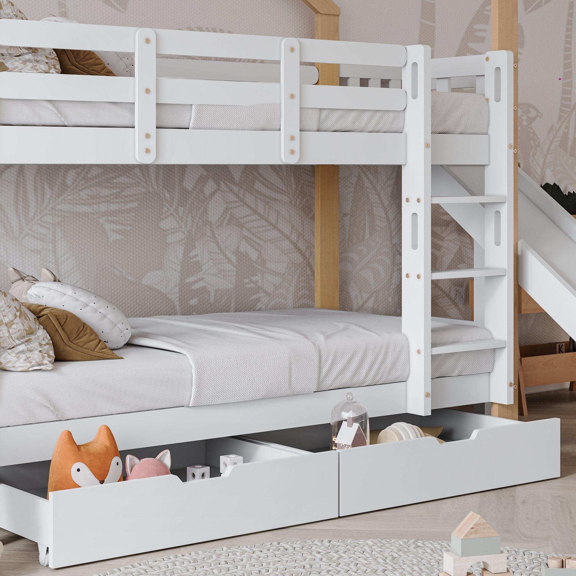 Etagenbett (Hausbett mit 2 Schubladen), Hochbett Kinderbett mit Lattenrost, Rutsche und Leiter, 90x200cm