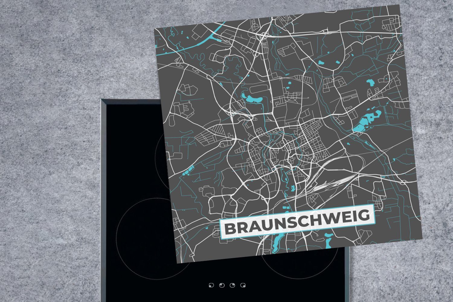 tlg), Arbeitsplatte - 78x78 Herdblende-/Abdeckplatte - cm, - Karte, (1 Braunschweig Ceranfeldabdeckung, Stadtplan Vinyl, küche Blau Deutschland für MuchoWow -