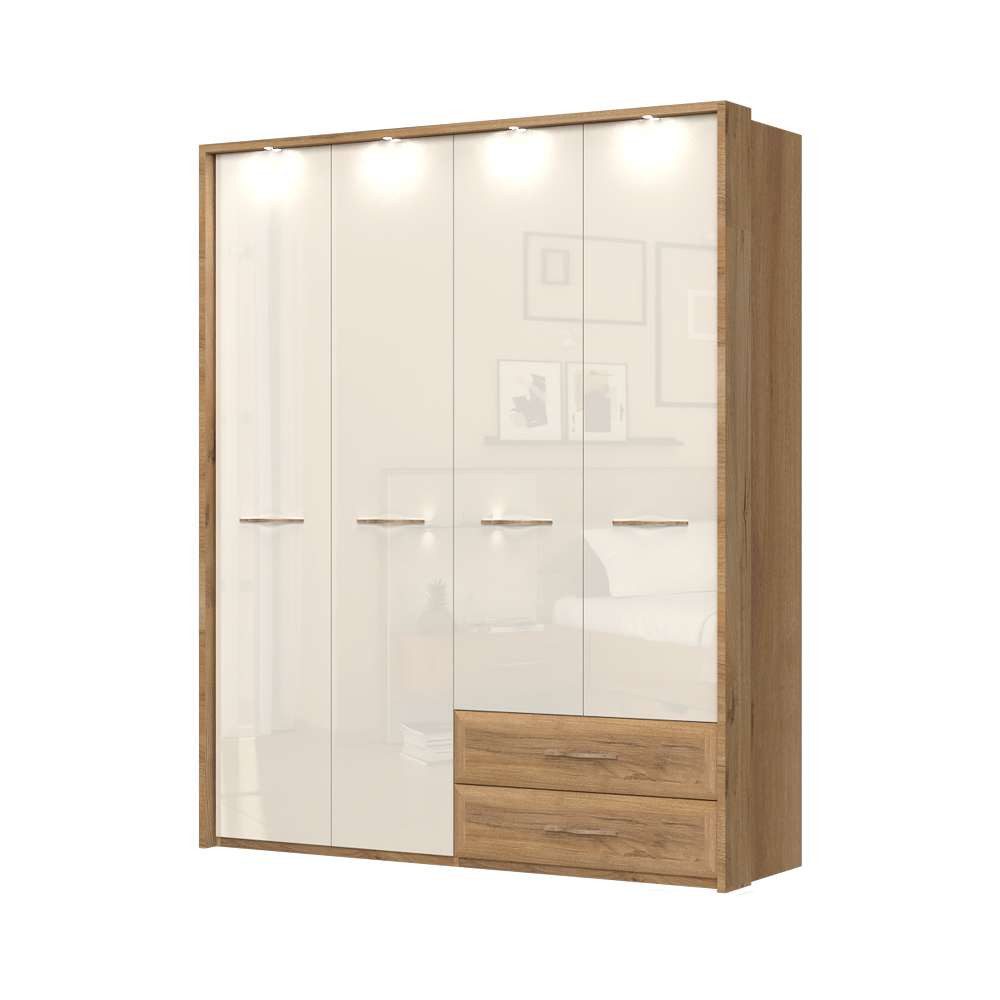 Home affaire Kleiderschrank Gala, beige hochglänzend UV lackiert, kratzfest, FSC-zertifiziert (abgerundete Schubladen aus MDF im Holzdekor, soft-close) mit Beleuchtung und Passpartourahmen, hoher Schrank (224cm), 3 Breiten