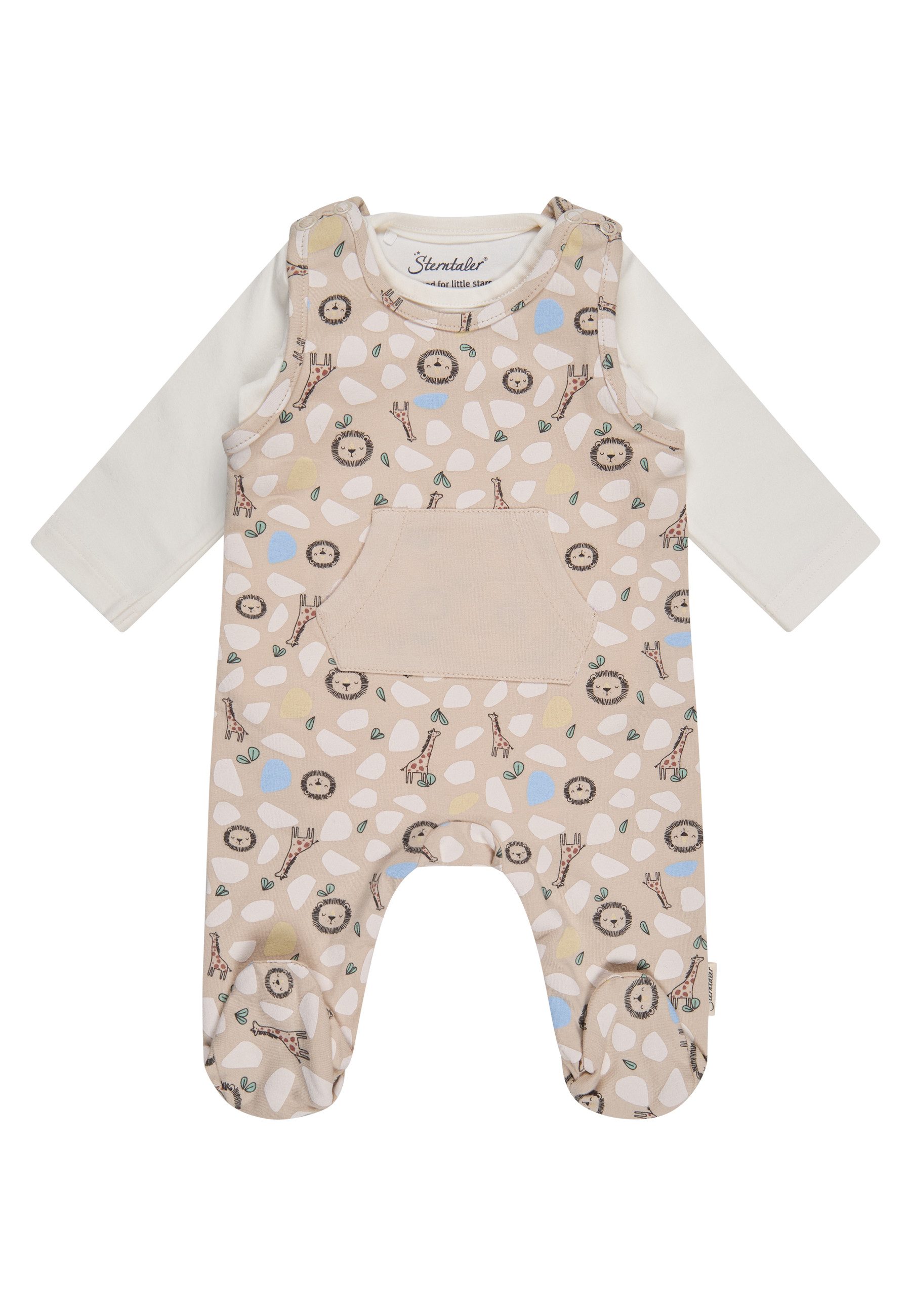 Sterntaler® Strampler Strampler-Set Safari (1-tlg., Set) Strampler-Set Safari-Druck mit Tasche, Langarmbody uni, Schulterknöpfe