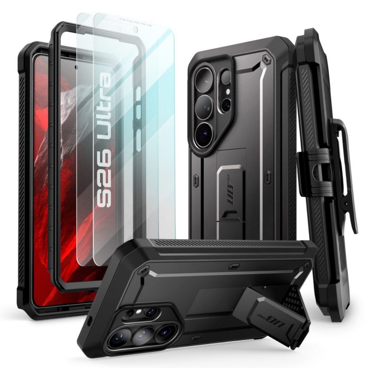 Supcase Handyhülle Unicorn Beetle Pro Hülle + Glas für Samsung Galaxy S26 Ultra Schwarz 6,9 Zoll, Set mit 2 Schutzgläsern für erweiterten Rundumschutz