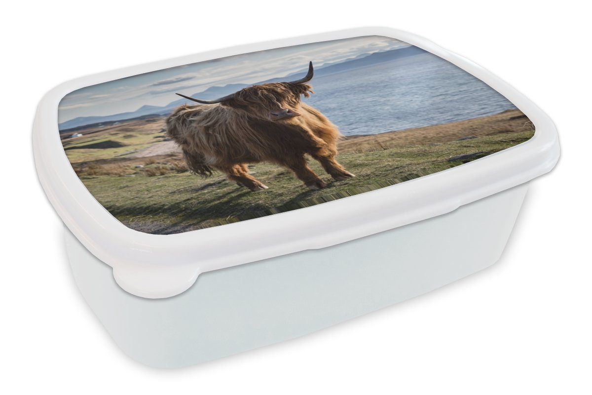 Meer, Brotbox Schottische - Brotdose, für Bergen MuchoWow weiß Jungs Kinder Highlander Lunchbox und und Kunststoff, Erwachsene, - (2-tlg), für Mädchen