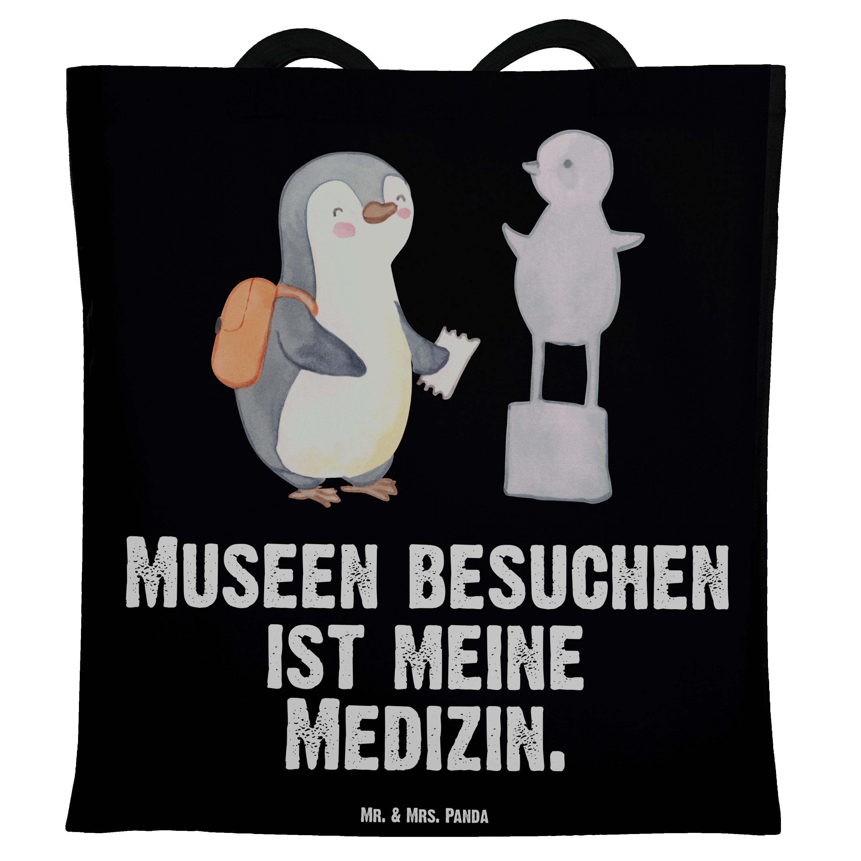 Mr. & Mrs. Panda Tragetasche Pinguin Museum besuchen Medizin - Schwarz - Geschenk, Jutebeutel, Sto (1-tlg)