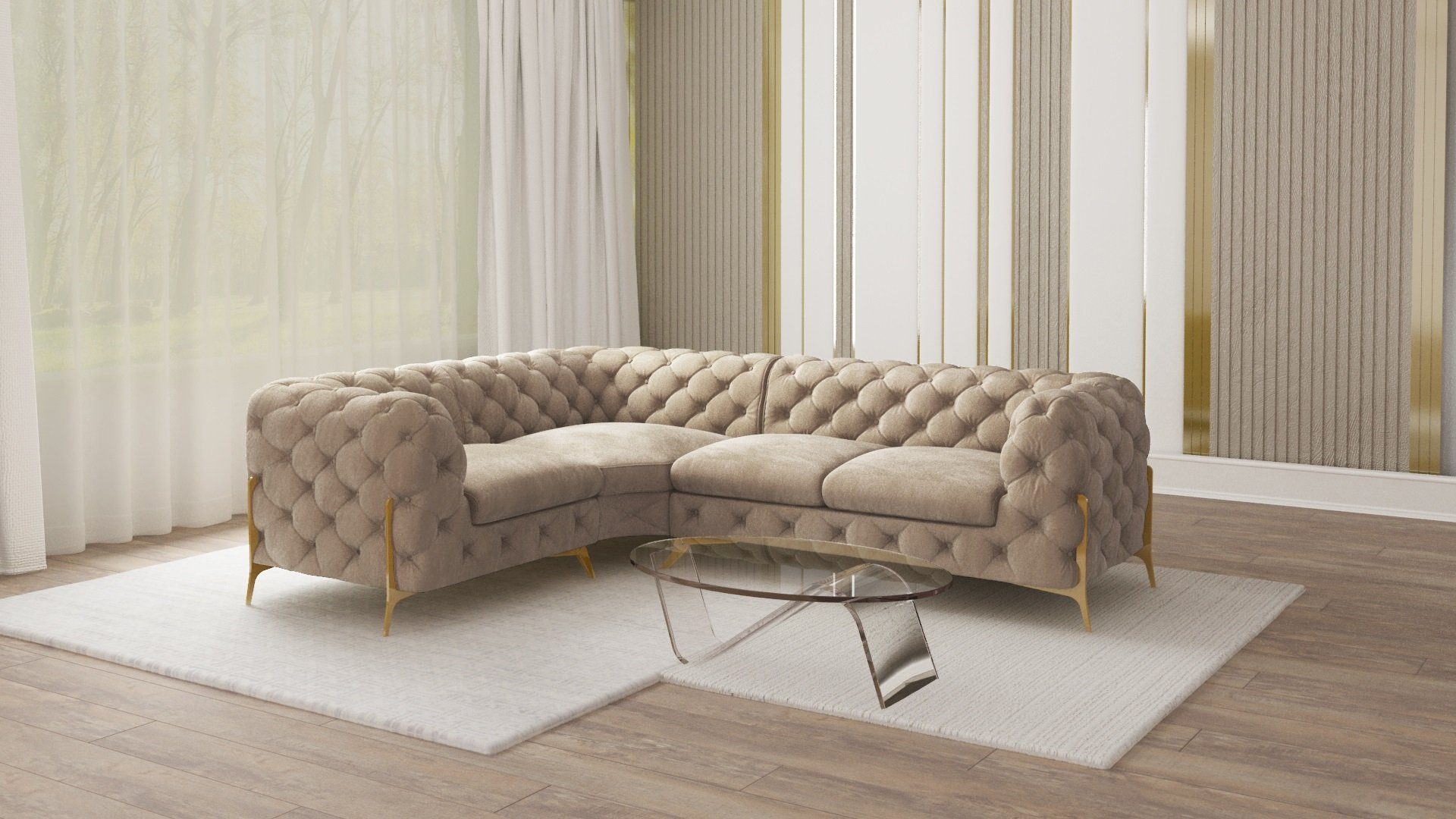 S-Style Möbel Ecksofa Chesterfield Ashley mit Goldene Metall Füßen, Die Eckeinheit kann entweder rechts- oder linkshändig sein, mit Wellenfederung Dunkle Creme | Ecksofas