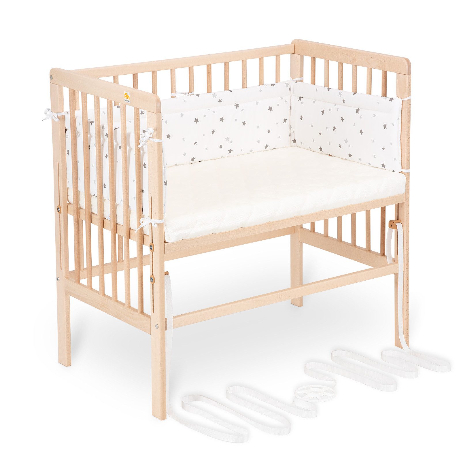 Beistellbett Babybett Boxspring klar lackiert, 90 x 55 cm Liegefläche