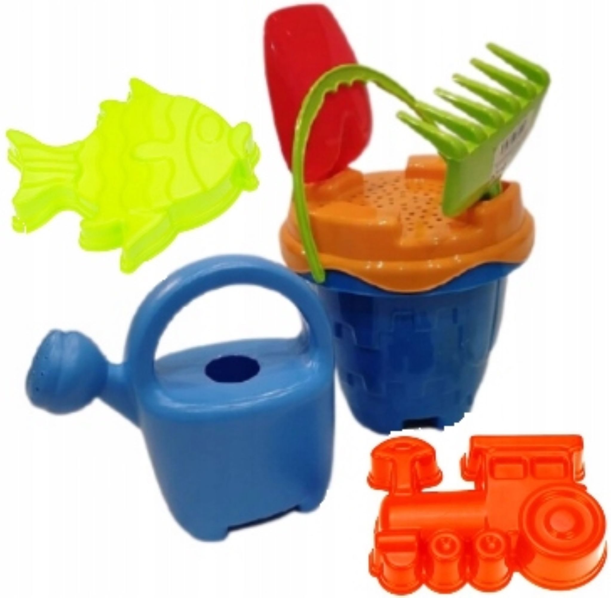 Festivalartikel Sandkasten Farbenfrohes Sandspielzeug Set - Eimer, Schaufel, Formen, Gießkanne, (7-tlg)