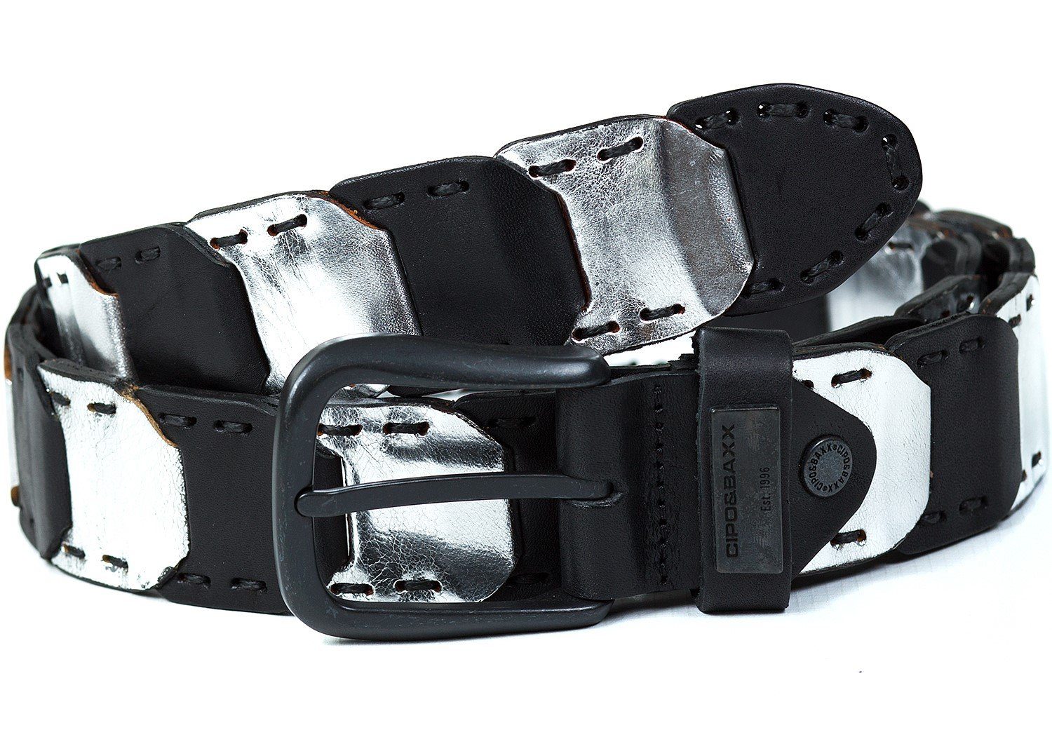 Cipo & Baxx Ledergürtel Gürtel BA-CG104 im besonderen Design mit Metall Patch schwarz