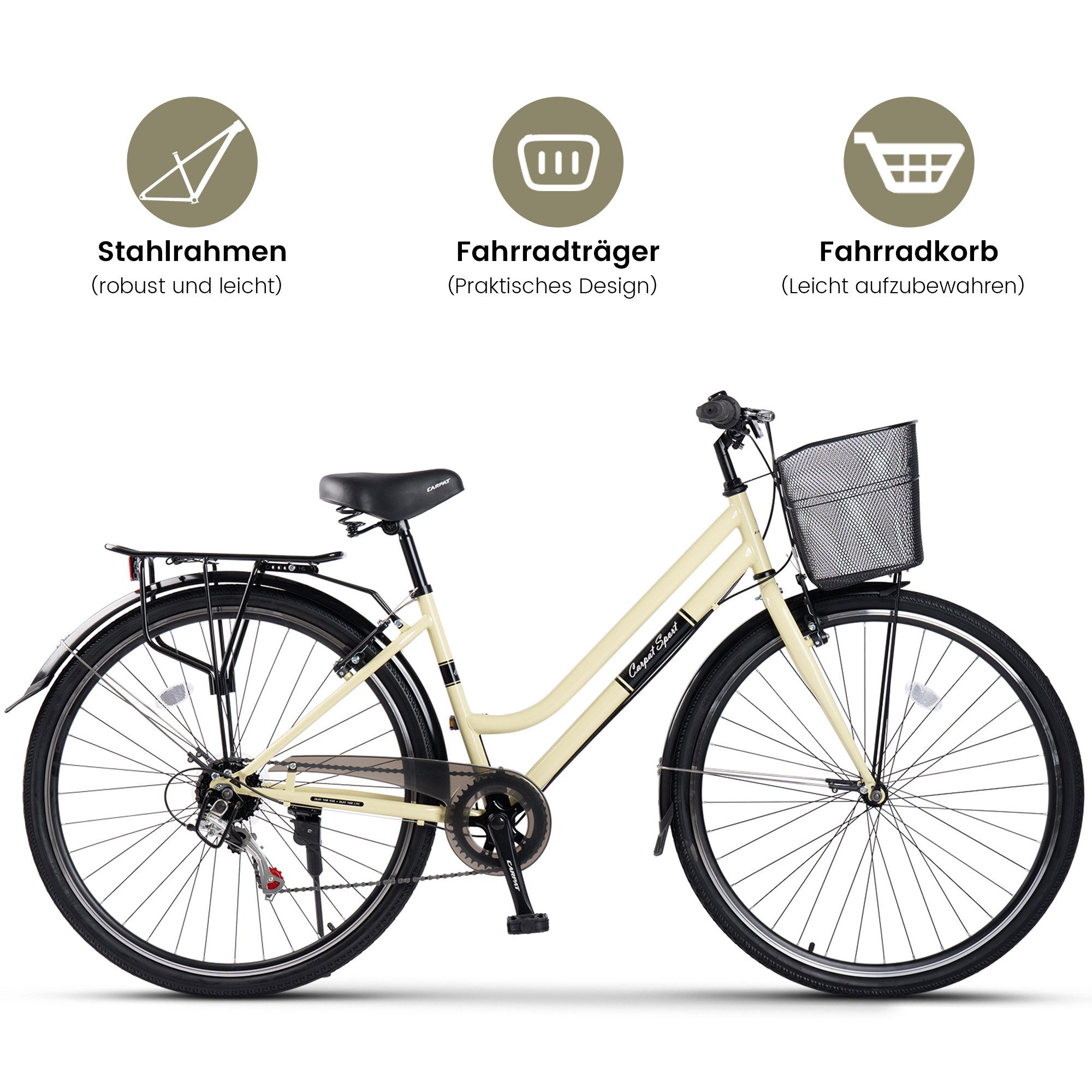 CARPAT SPORT City Bike 28 Inch Women's City Bicycle with Basket, 7-Speed ​​Shimano, Dutch Bike, 7-Speed ​​Shimano, City Bike V-Brakes Women's