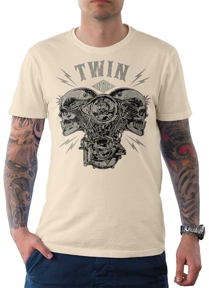 Wheels T-Shirt Herren Cream Biker Tee Motiv V-Twin mit / Motorrad Rebel Skull T-Shirt On