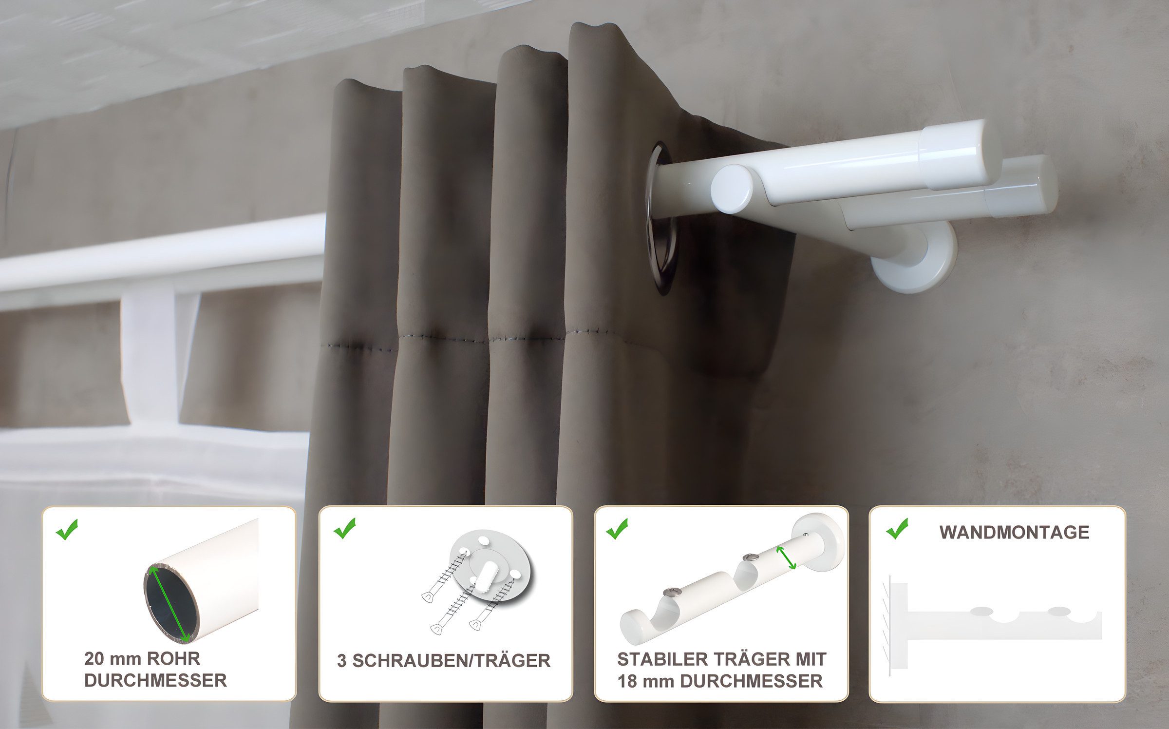 iso-design Gardinenstange 20 mm 2-läufig Schwarz und Weiß aus Metall Wandmontage Endstück Kappe, Ø 20 mm, 2-läufig, Fixmaß, mit Bohren, verschraubt, Metall, Gardinenstange aus Aluminium