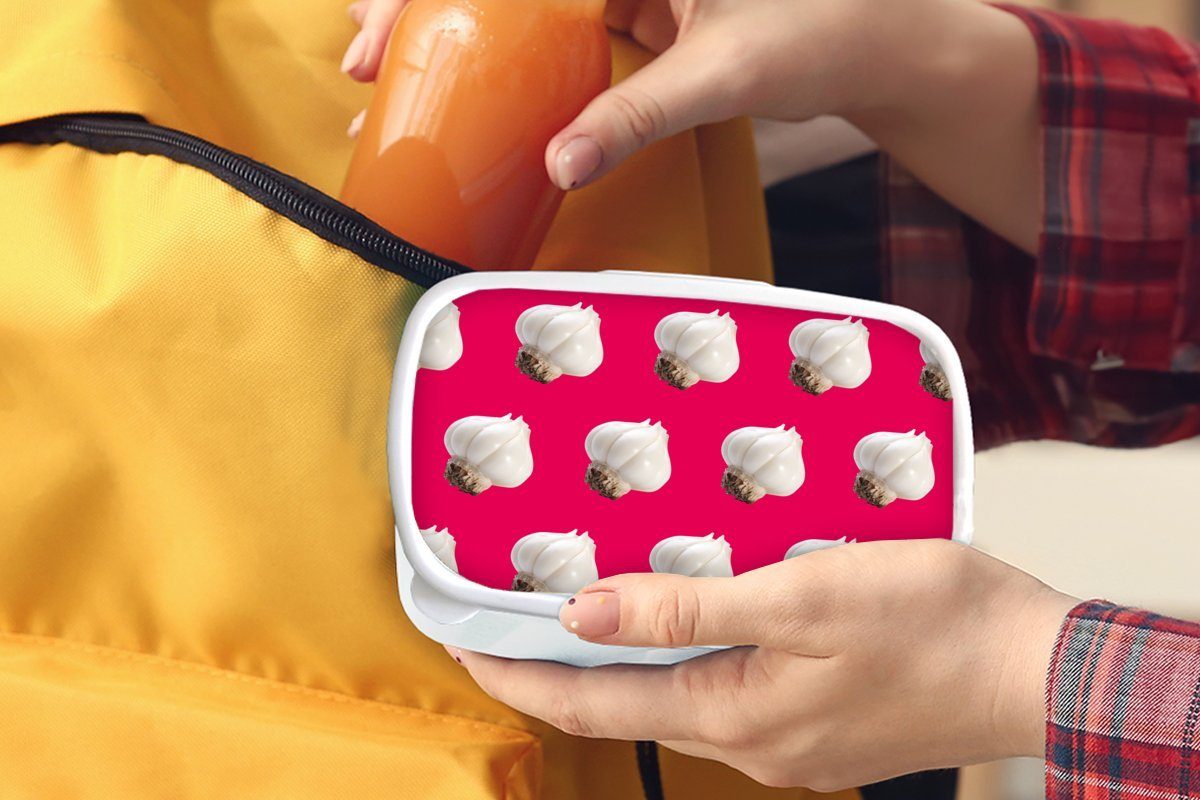 Kunststoff, für - Erwachsene, MuchoWow Muster Kinder - Rot, Lunchbox (2-tlg), Brotbox Knoblauch für und Jungs weiß Mädchen und Brotdose,