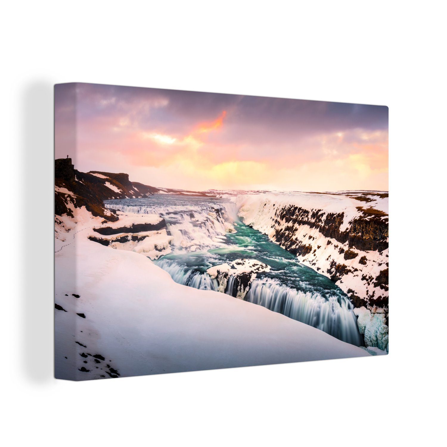 OneMillionCanvasses® Leinwandbild Eisbildung am Gullfoss-Wasserfall in Island, (1 St), Wandbild Leinwandbilder, Aufhängefertig, Wanddeko, 30x20 cm