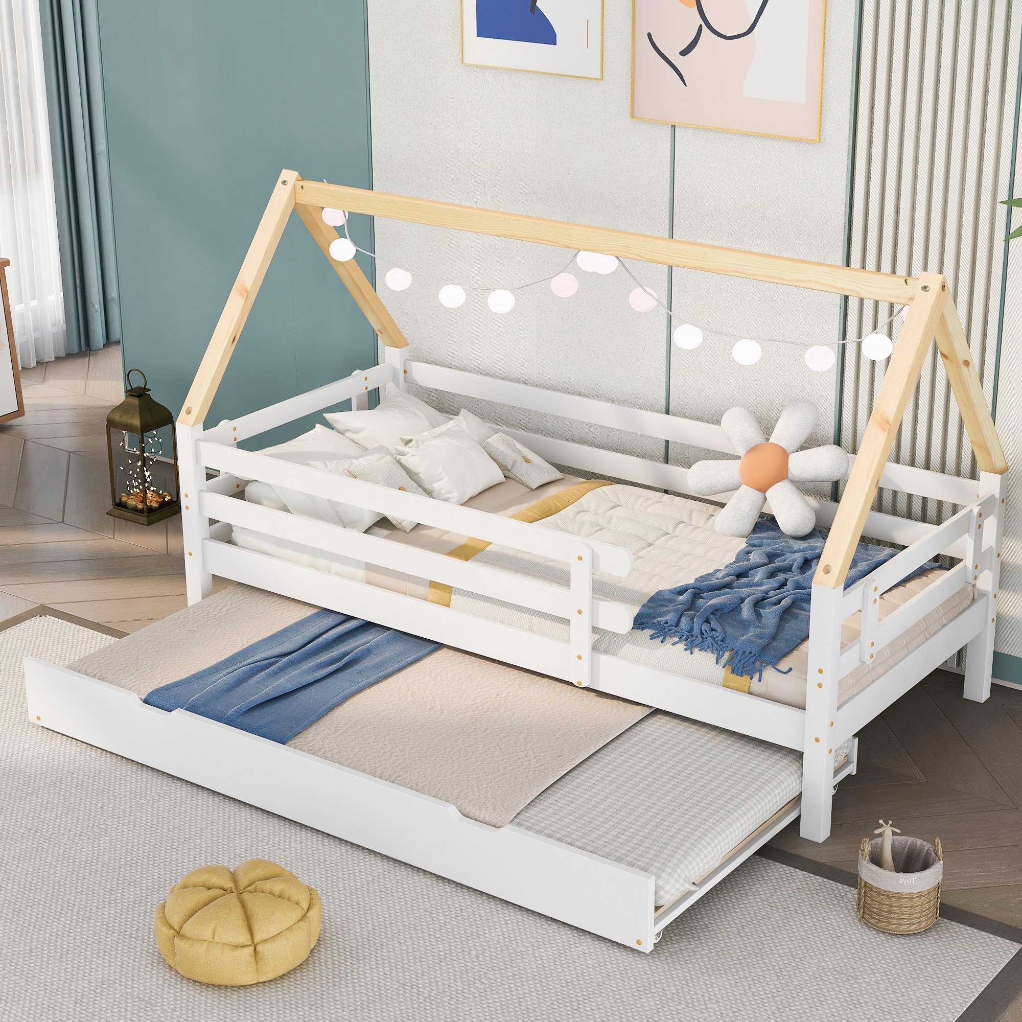 SOFTWEARY Kinderbett Hausbett mit Gastbett und Lattenrost (90x200 cm), Einzelbett aus Kiefer, inkl. Rausfallschutz
