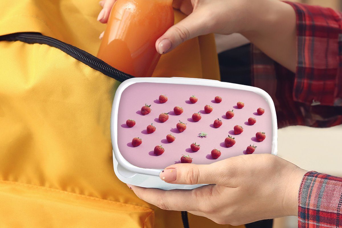 Kinder Jungs weiß Kunststoff, Brotbox Obst, (2-tlg), Lunchbox für - Rosa Erwachsene, Erdbeere und Mädchen und für - Brotdose, MuchoWow
