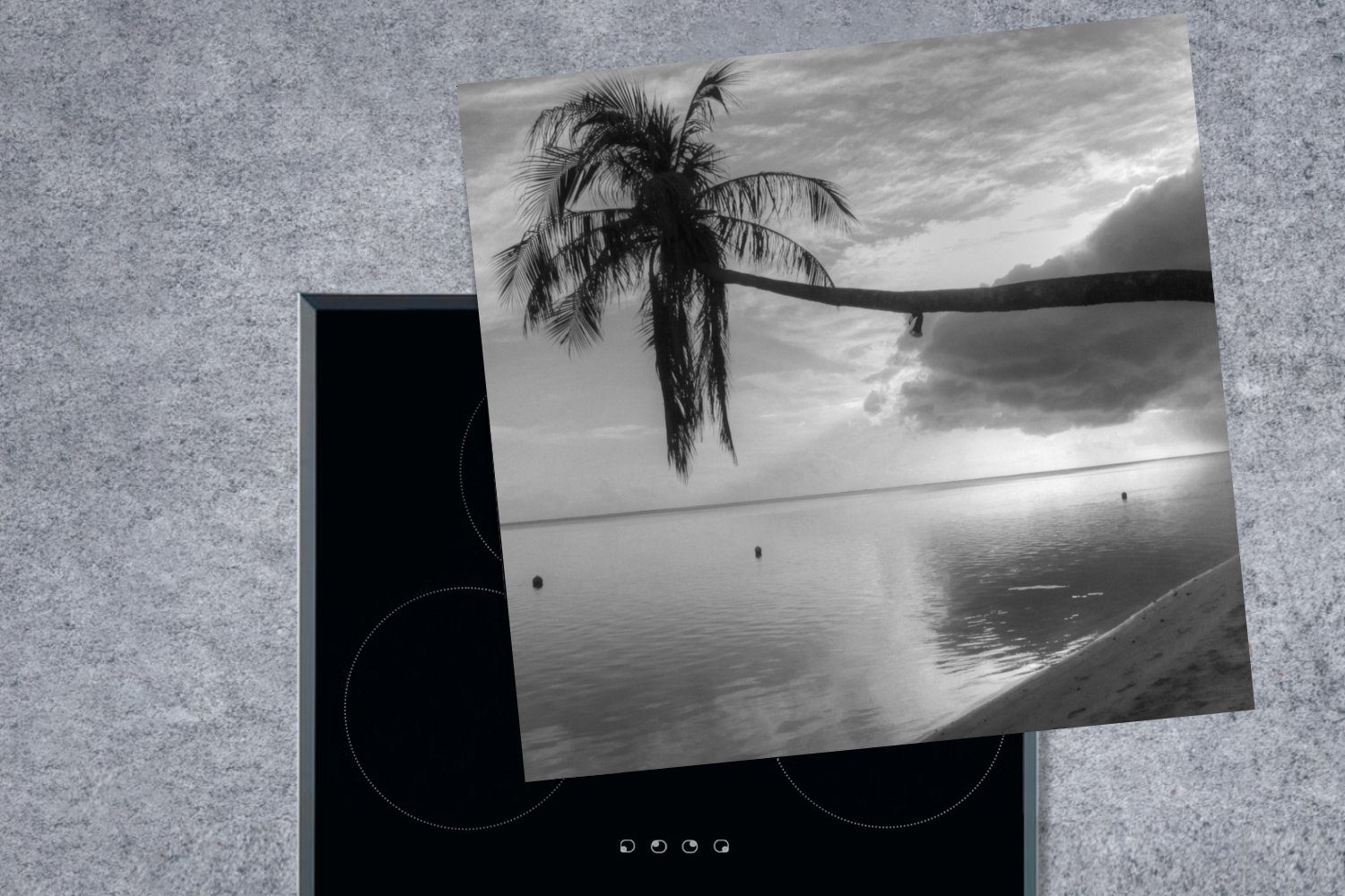 am von Überhängende Palme MuchoWow Arbeitsplatte für Vinyl, küche Herdblende-/Abdeckplatte Strand Mo'orea in cm, Ceranfeldabdeckung, 78x78 tlg), schwarz-weiß, (1
