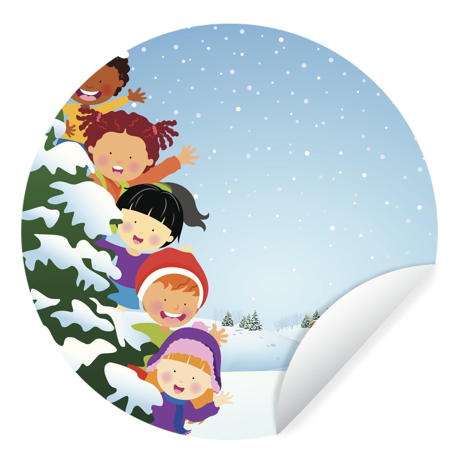 MuchoWow Wandsticker Eine Illustration von Kindern, die sich im Schnee verstecken (1 St), Tapetenkreis für Kinderzimmer, Tapetenaufkleber, Rund, Wohnzimmer