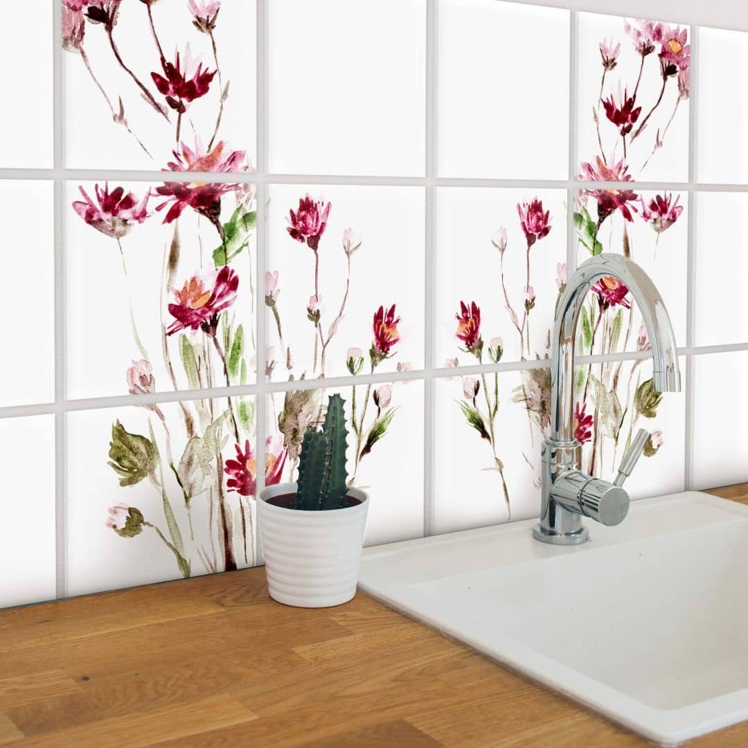 K&L Wall Art Fliesenaufkleber selbstklebend Wandschutz Sticker Set Sommer Blumen Rot