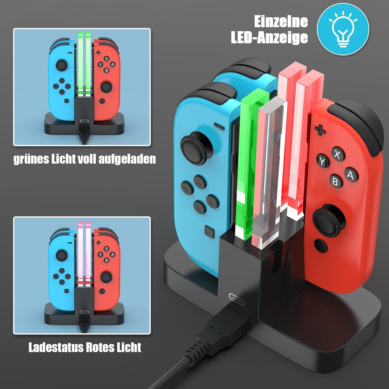 Forrlite Ladestation für Nintendo Switch 4 in 1 Joy-Con Controller Zubehör Nintendo (Controller-Ladestation, Joy-Con Ladegerät Typ-C Kabel, mit individueller LED-Anzeige, Controller Ladestation Kompatibel mit JoyCons)