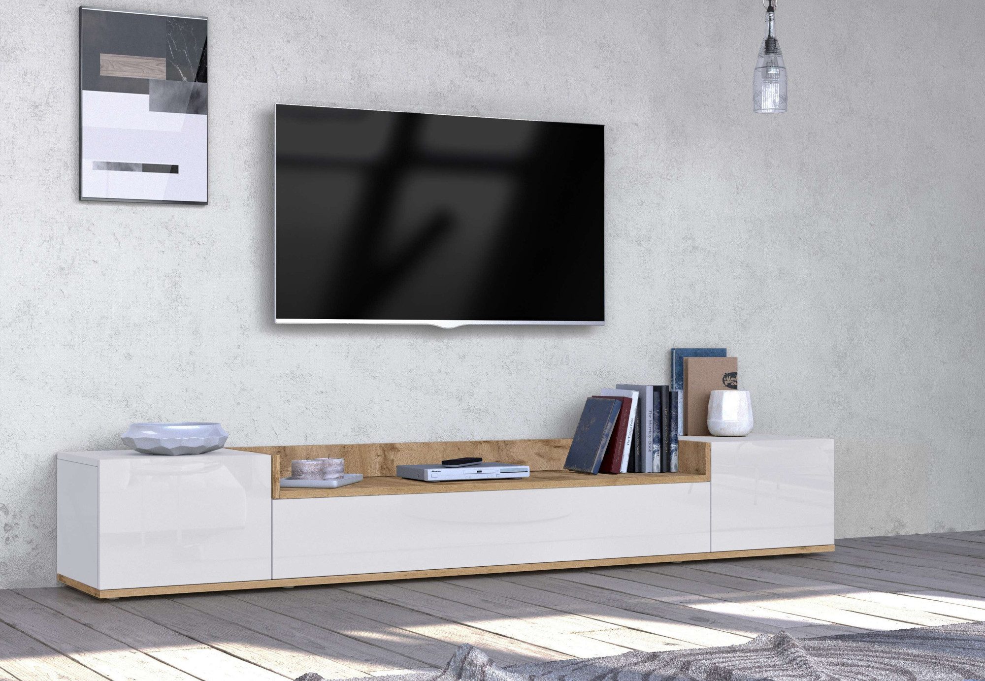 OTTO home Lowboard BOLSENA,TV-Kommode, TV-Möbel,TV-Bank, 4 Fächer und offenes Ablagefach (1 St), Breite 200 cm,stehend/hängend,Fronten Hochglanz lackiert,Made in Italy