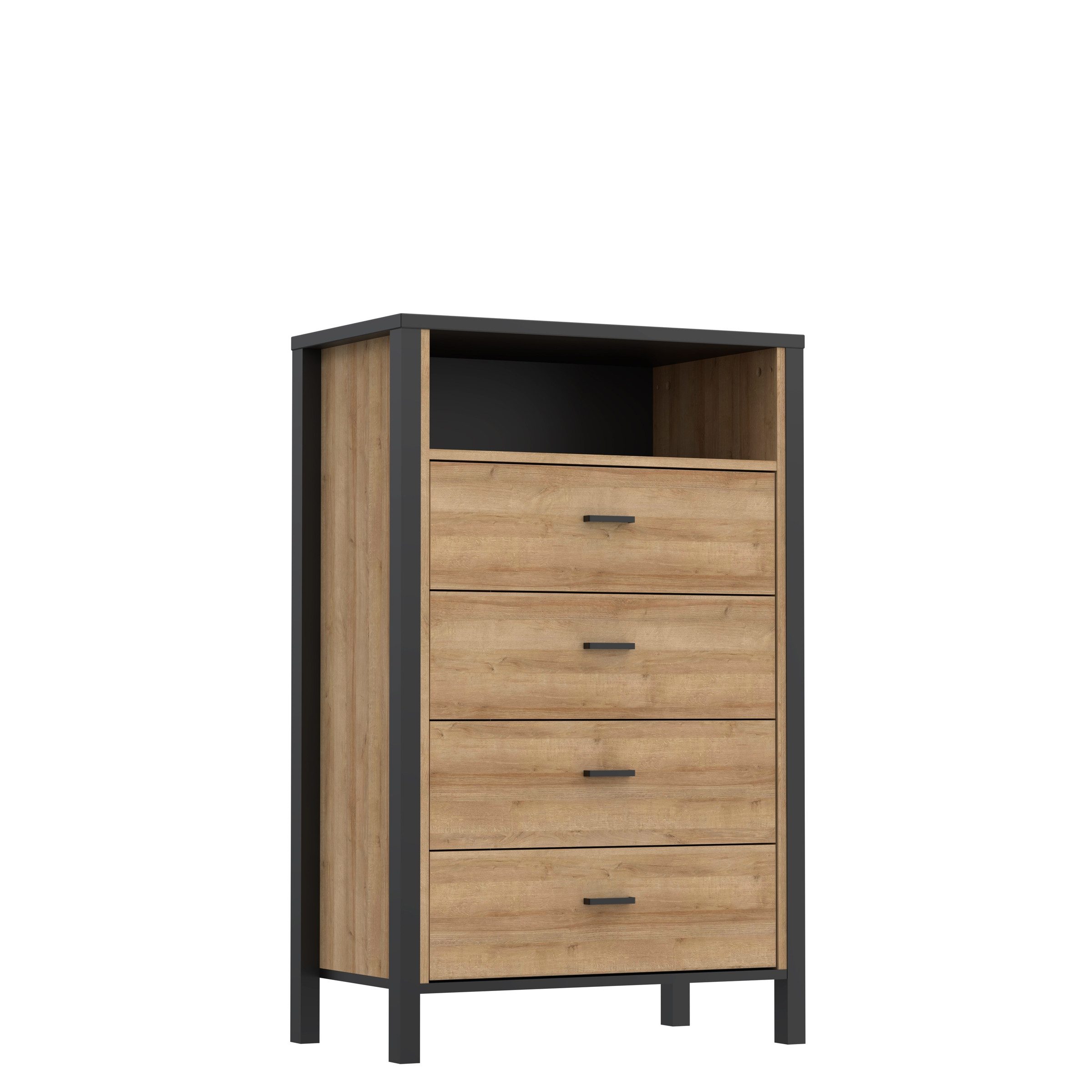 freiraum Hochkommode HIGH ROCK, Schwarz, Riviera Eiche Dekor, 4 Schubladen - 69,8x110,7x40,2cm (BxHxT)