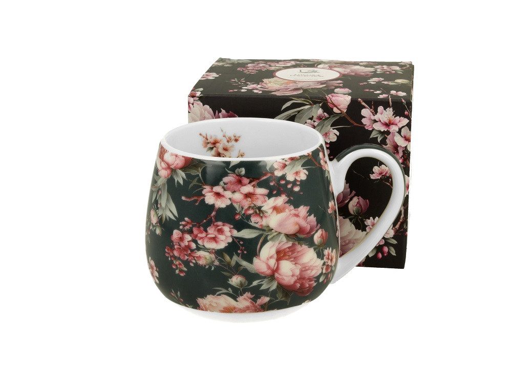 Duo-Gift Becher Fass Blumen Mug/ Barrel / Tee/KaffeeTasse / Tiere / Vogel Fassbecher, 1-tlg., Porzellan Becherfass ca- 430 ml NOEMI Blumen schwarz, mit Geschenkbox / Ideal als Geschenk
