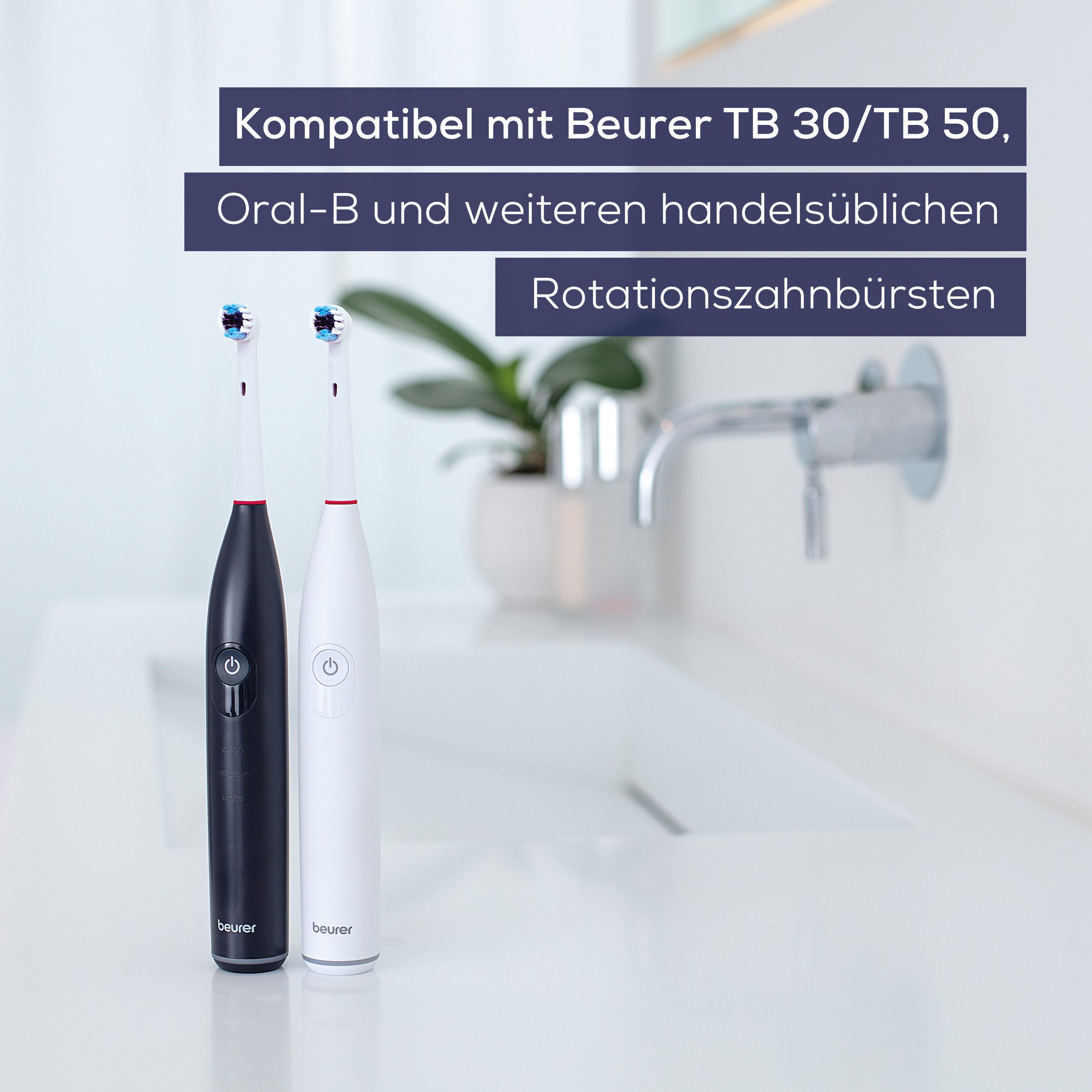 BEURER Aufsteckbürsten TB 30/50 Bürstenköpfe Clean, für elektrische Zahnbürsten, Mit 2 Borstenlängen, Schutzkappe & farbigen Unterscheidungsringen