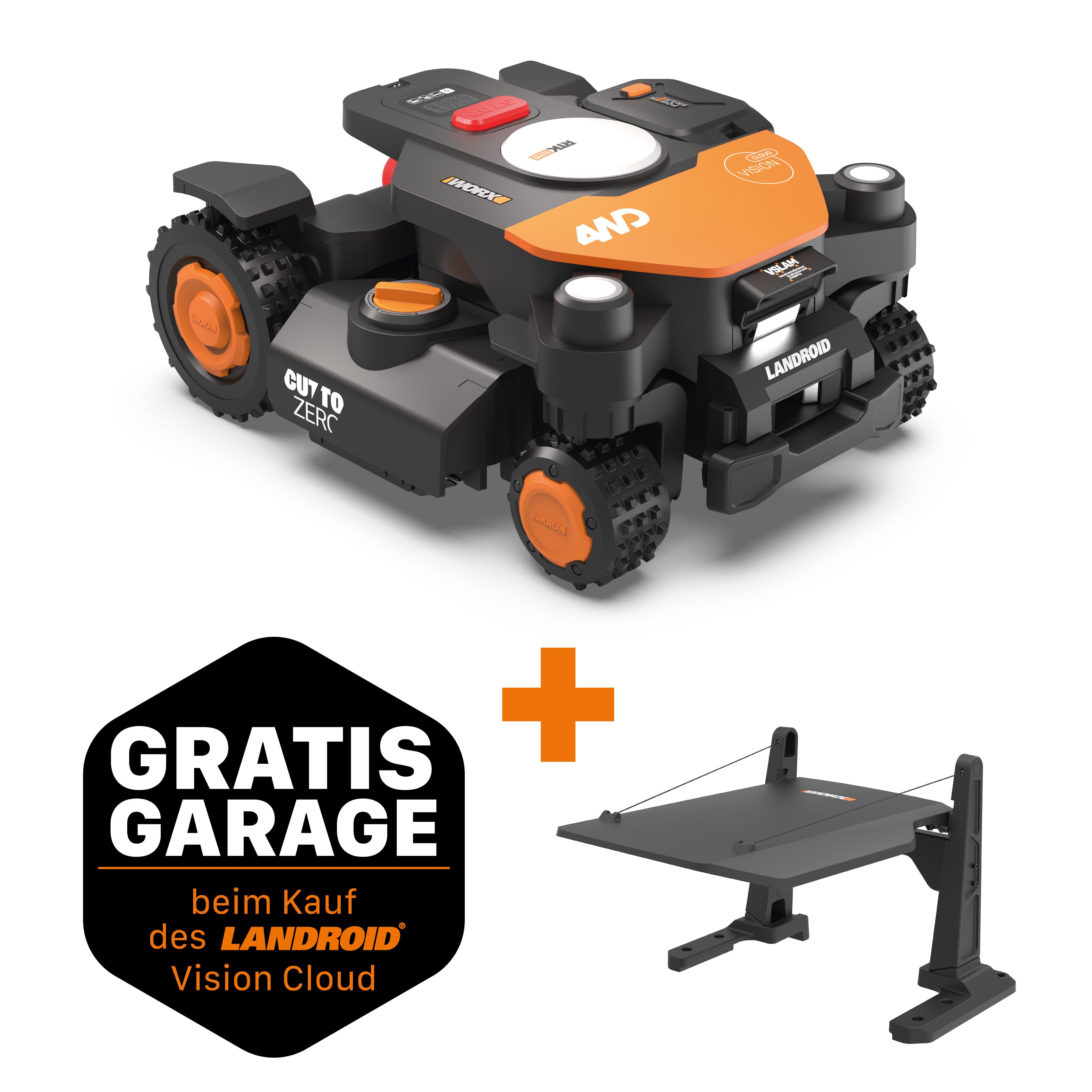 Worx Rasenmähroboter Landroid Vision Cloud WR341E 4WD ohne Begrenzungskabel, Auto-Mapping, bis 1000 m² Rasenfläche, (KI-Hinderniserkennung, VSLAM+ RTK Cloud Navigation, 84 % Steigung), App-Steuerung