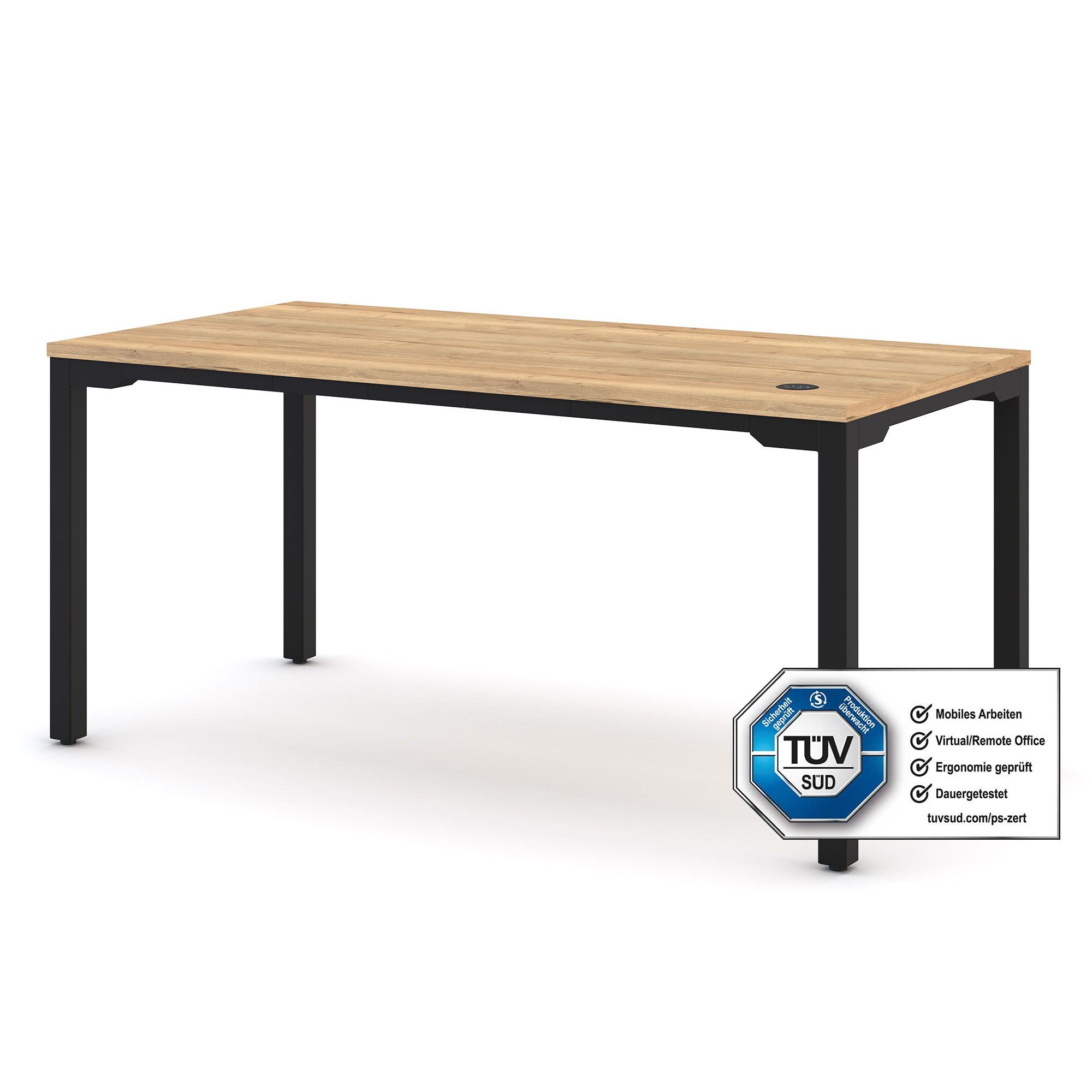 ASSMANN Büromöbel Schreibtisch Piacetta (140x80cm Schwarz Eiche Natura Kollisions-Schutz 4-fach-Motorik Einfachhub, einfache Montage, für Büro und Homeoffice), TÜV-zertifiziert, Blauer Engel, 5 Jahre Herstellergarantie