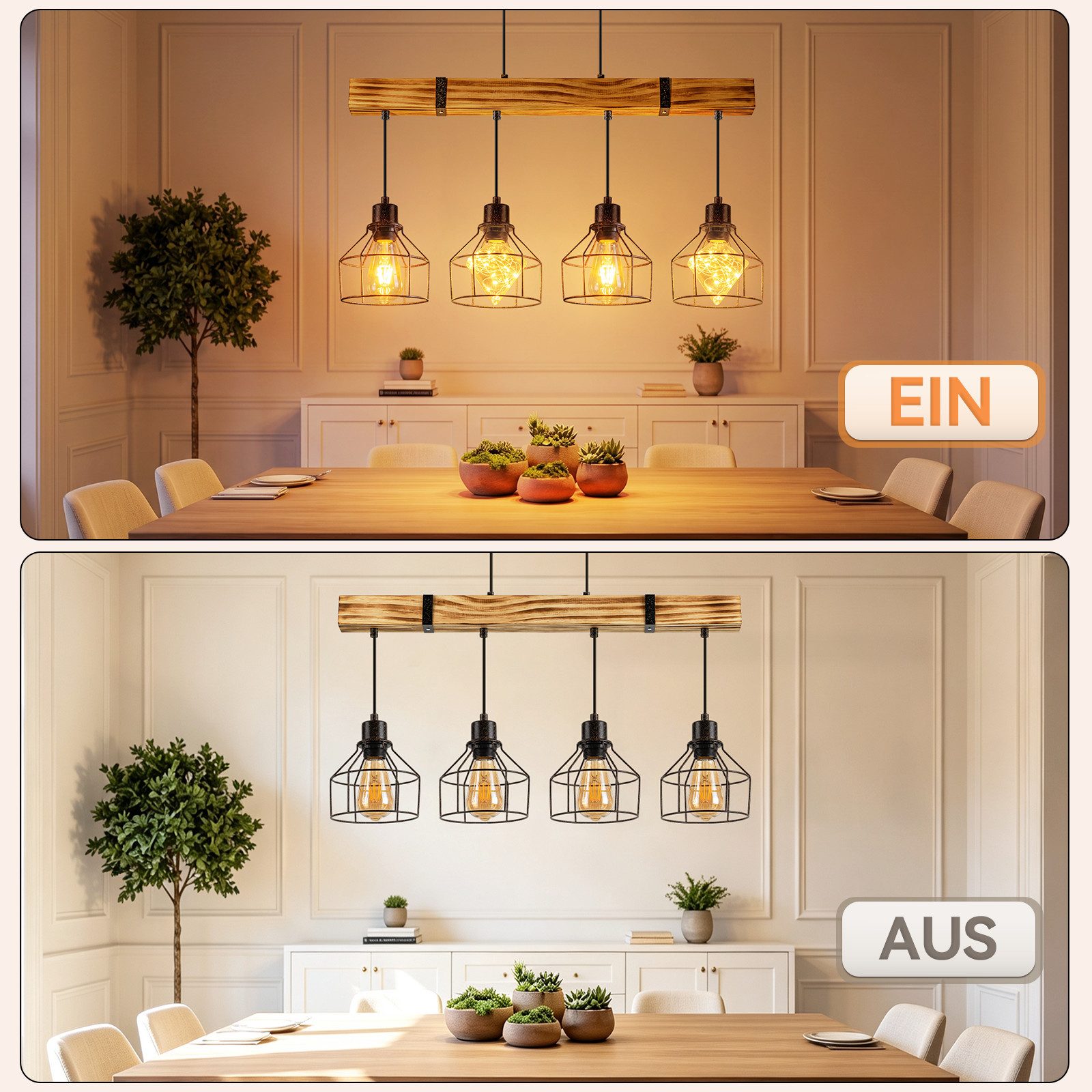 Nettlife Pendelleuchte Esstisch 3/4flammig Holz Schwarz Retro Industrial Hängelampe E27, ohne Leuchtmittel, Höhenverstellbar für Esszimmer Küche Wohnzimmer Bar – Bild 2 von 5